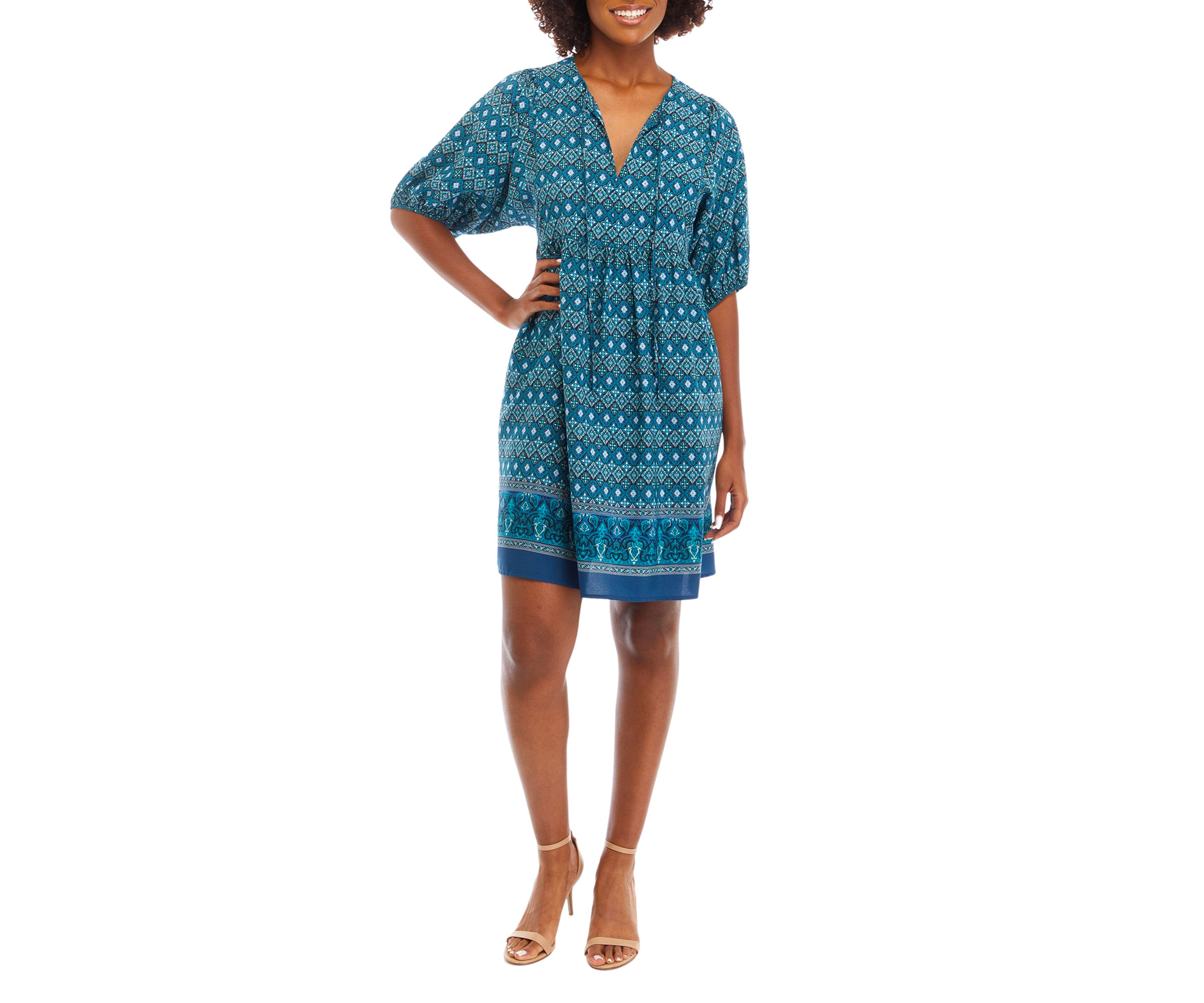 Womens Short Sleeve V-Neck Printed Fit and Flare Dress