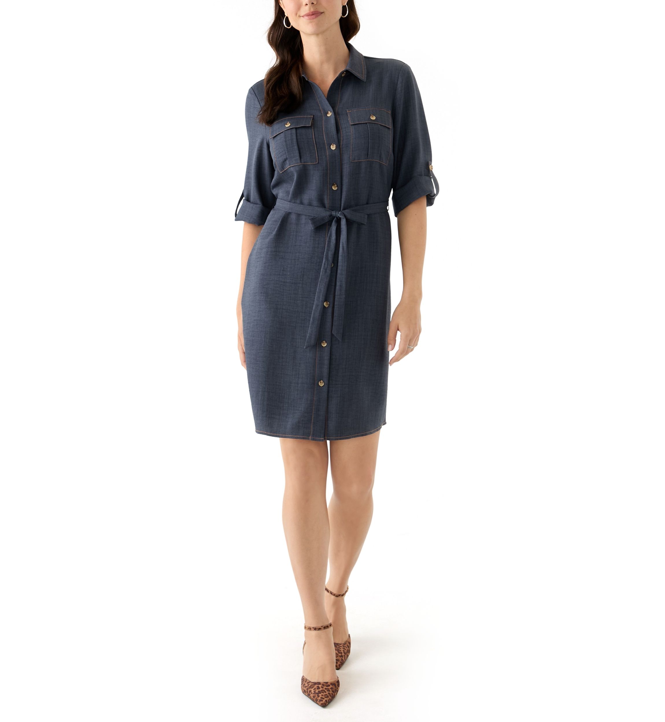 Womens 3/4 Sleeve Denim Mini Dress