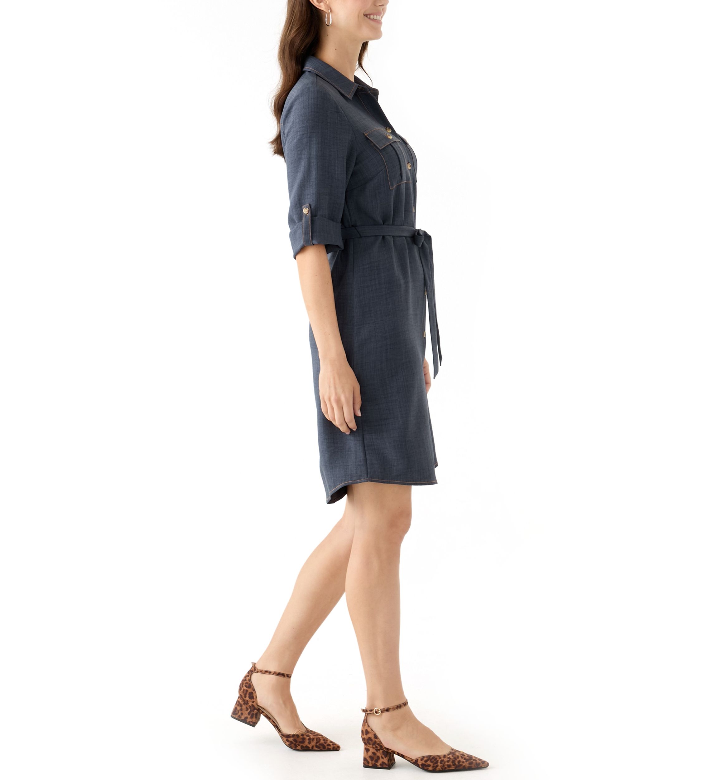 Womens 3/4 Sleeve Denim Mini Dress