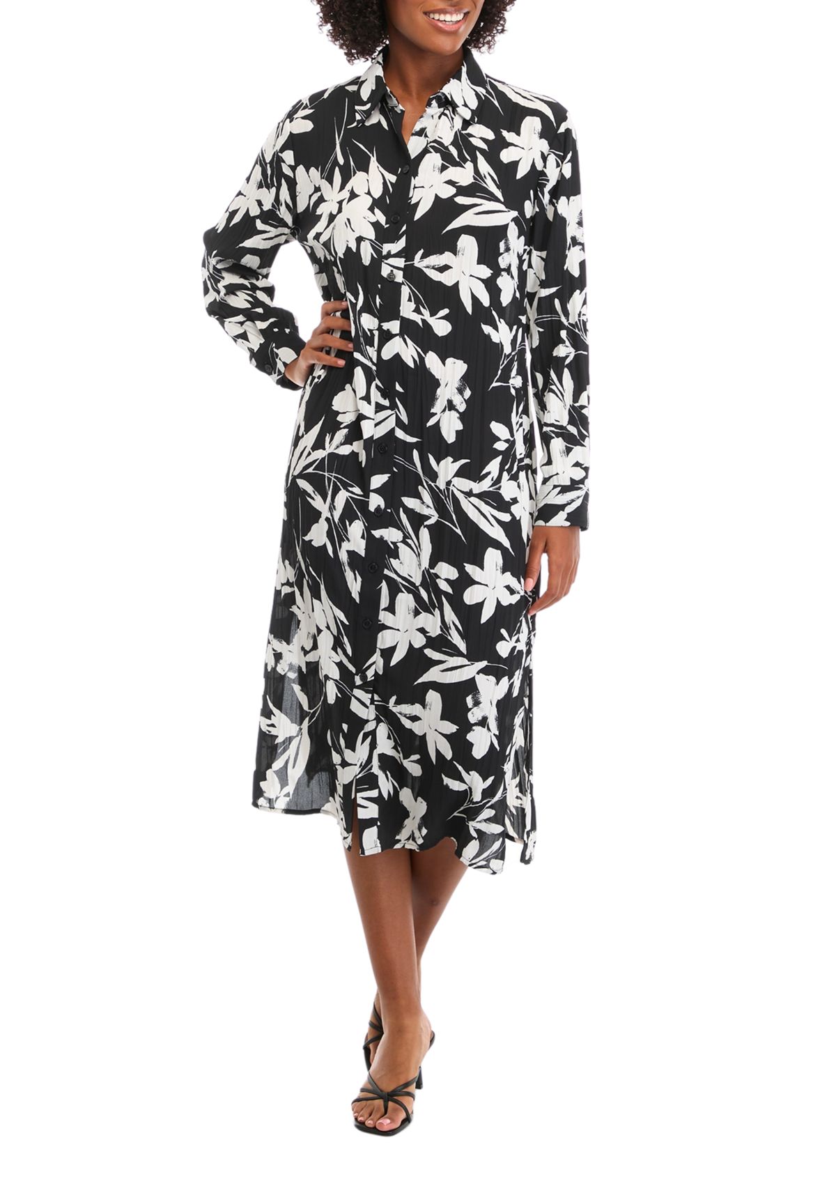 Womens Long Sleeve Floral Print Midi Shirtdress