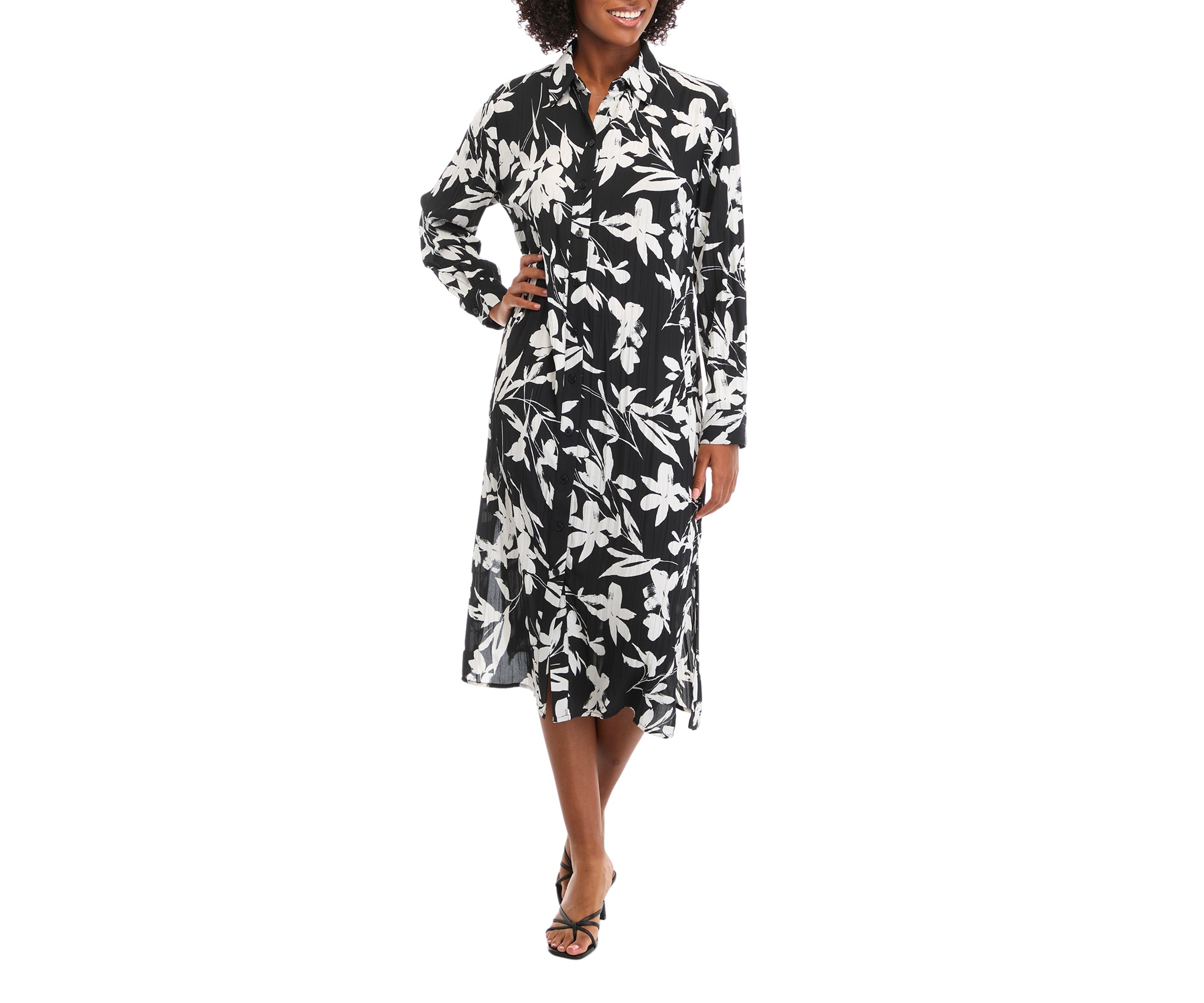 Womens Long Sleeve Floral Print Midi Shirtdress
