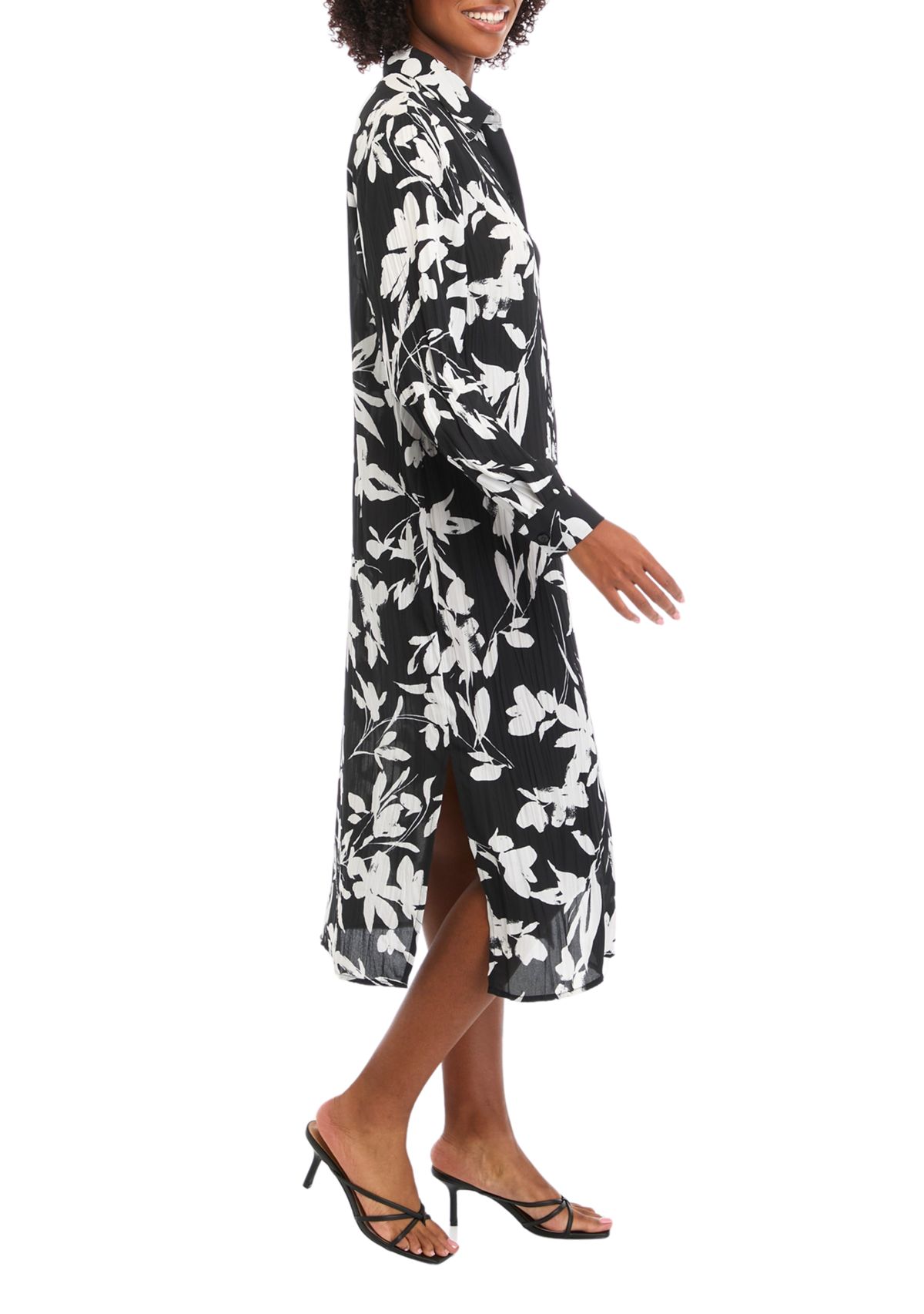 Womens Long Sleeve Floral Print Midi Shirtdress