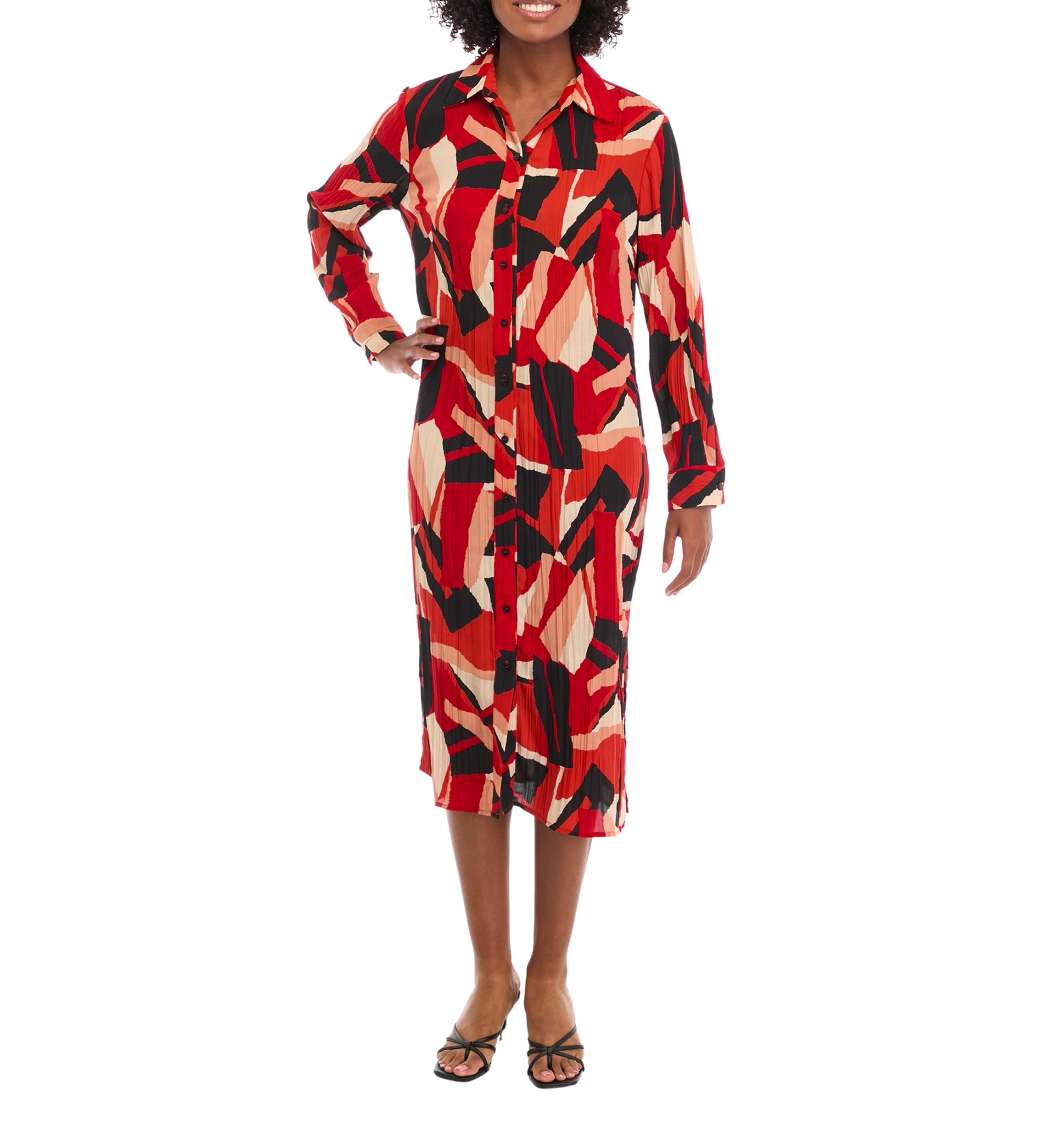 Womens Long Sleeve Crinkled Shirtdress