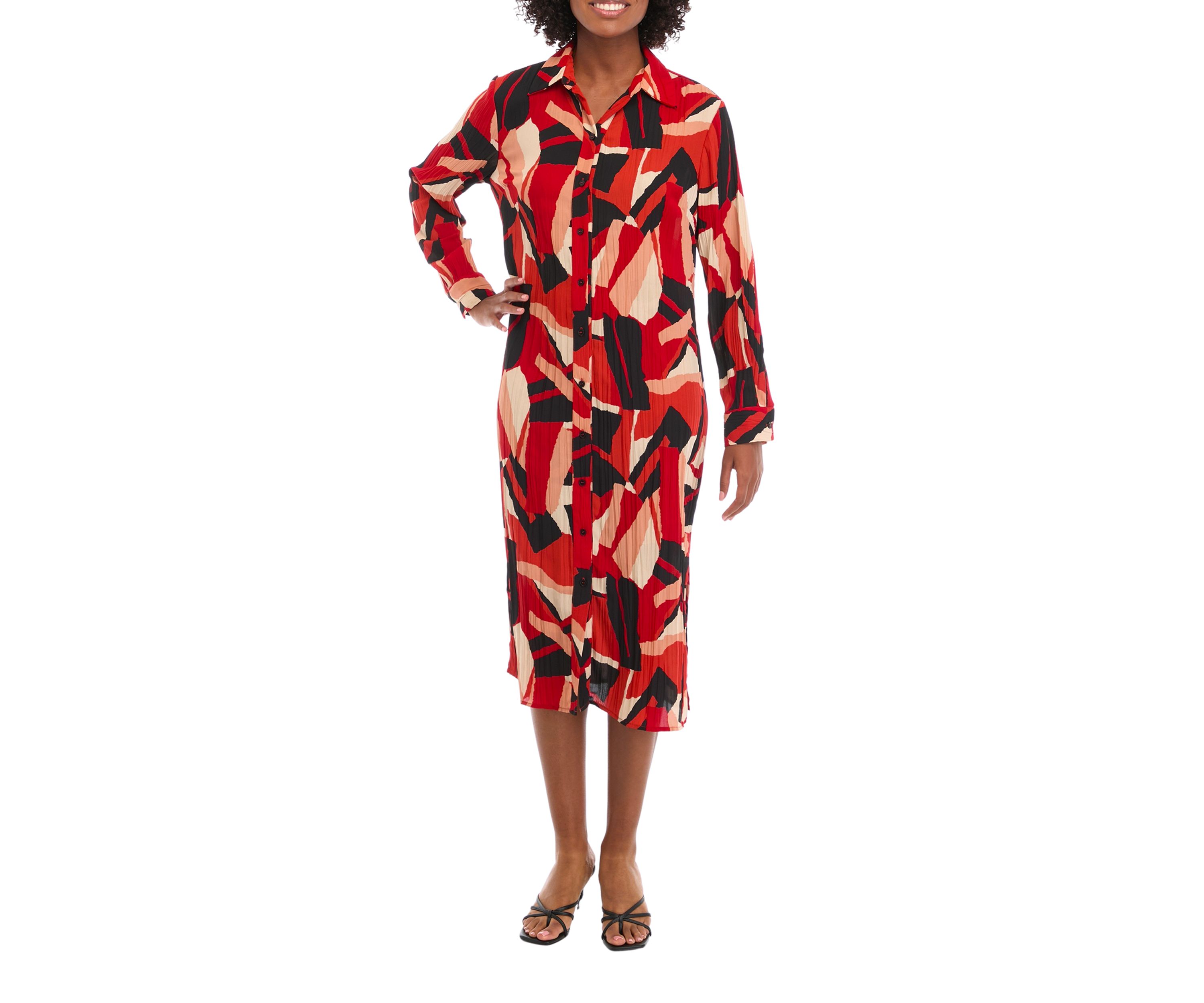 Womens Long Sleeve Crinkled Shirtdress
