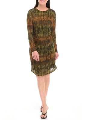 Emma & Michelle Women's Long Sleeve Crew Neck Watercolor Mesh Sheath Dress, XL