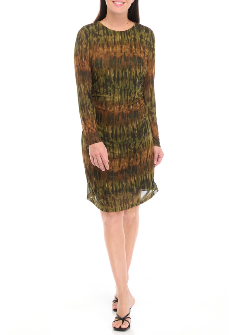 Womens Long Sleeve Crew Neck Watercolor Mesh Sheath Dress
