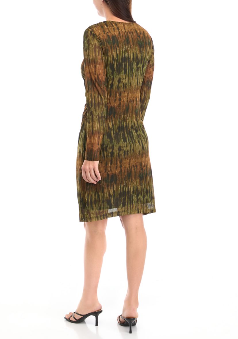 Womens Long Sleeve Crew Neck Watercolor Mesh Sheath Dress