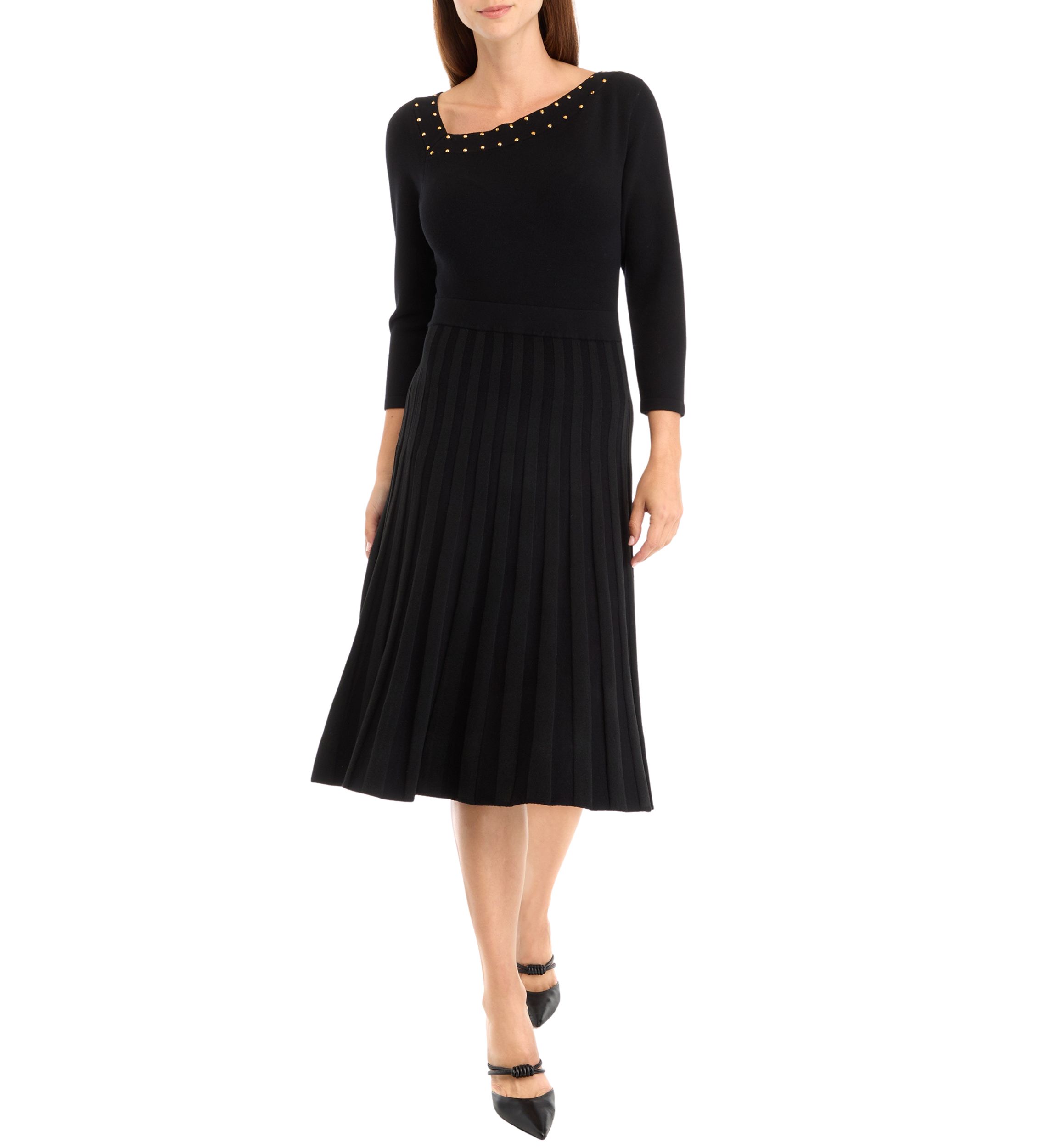 Womens Long Sleeve Asymmetrical Neckline Solid Fit and Flare Sweater Dress