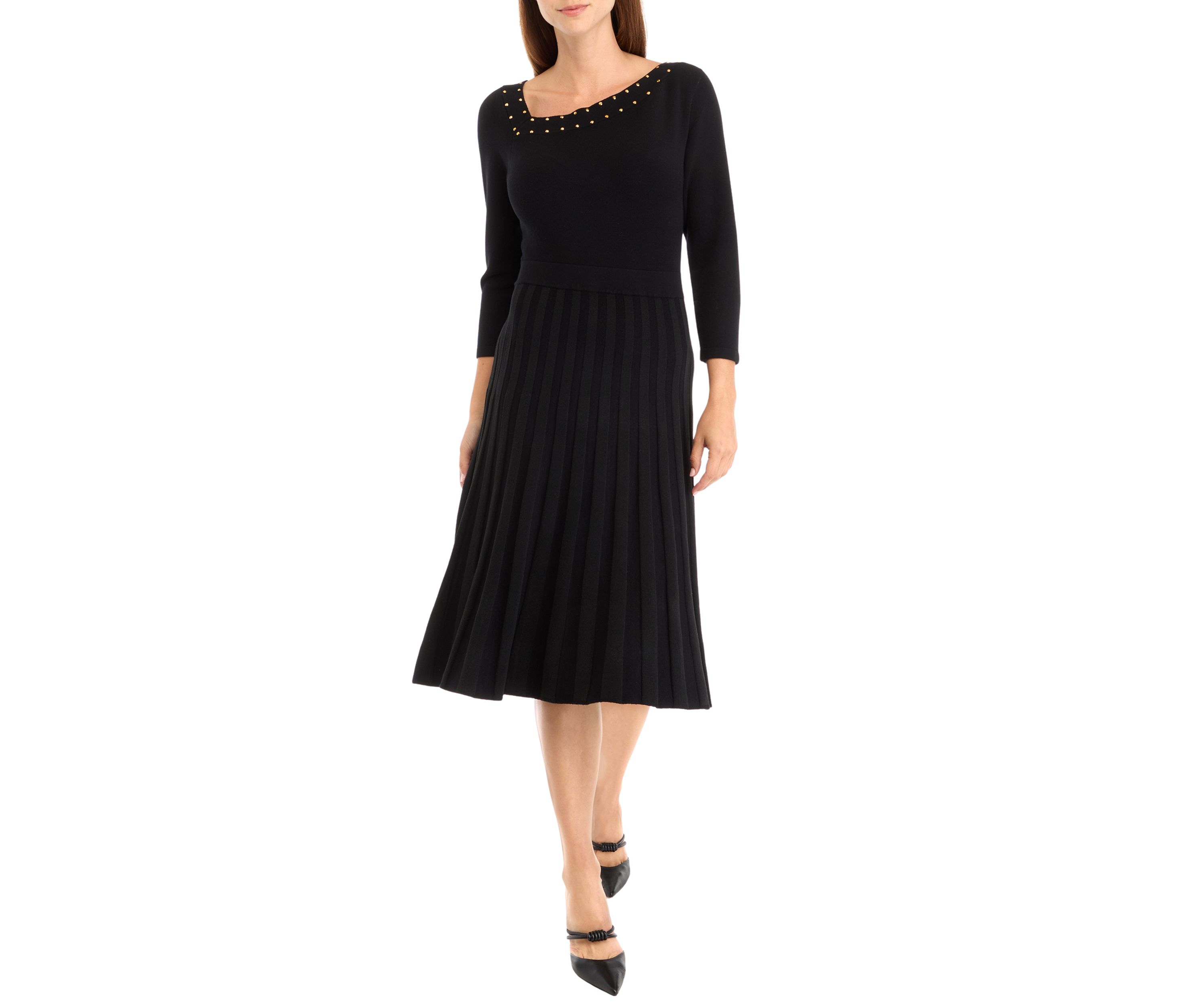 Womens Long Sleeve Asymmetrical Neckline Solid Fit and Flare Sweater Dress