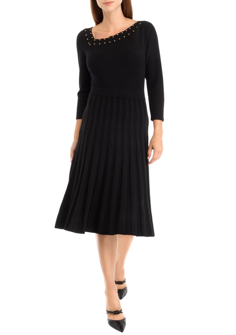Womens Long Sleeve Asymmetrical Neckline Solid Fit and Flare Sweater Dress