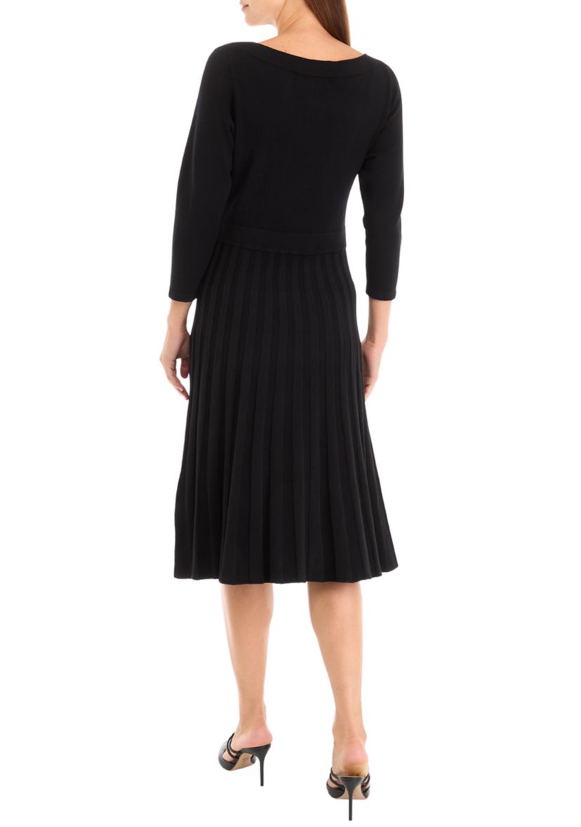 Womens Long Sleeve Asymmetrical Neckline Solid Fit and Flare Sweater Dress