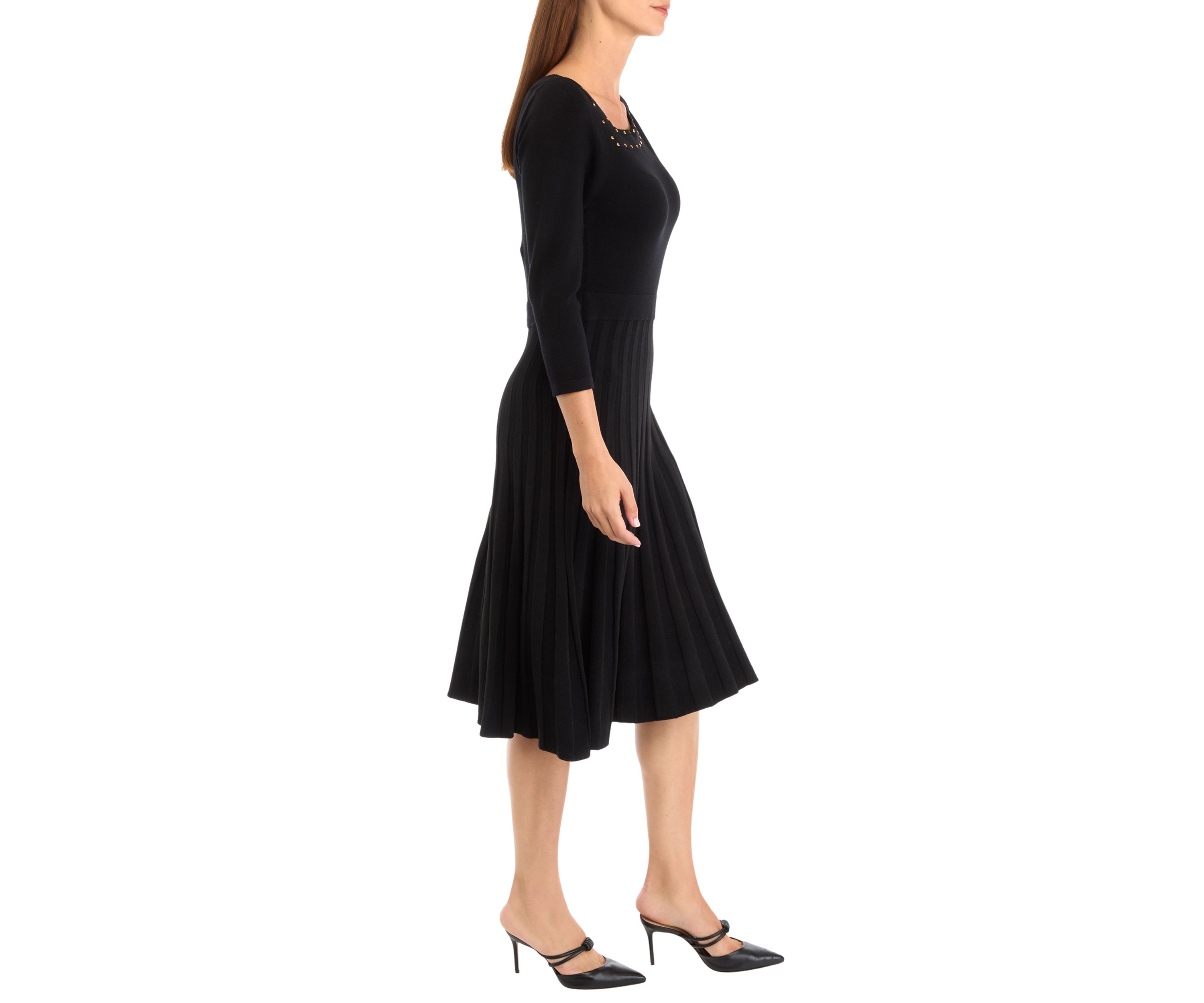 Womens Long Sleeve Asymmetrical Neckline Solid Fit and Flare Sweater Dress