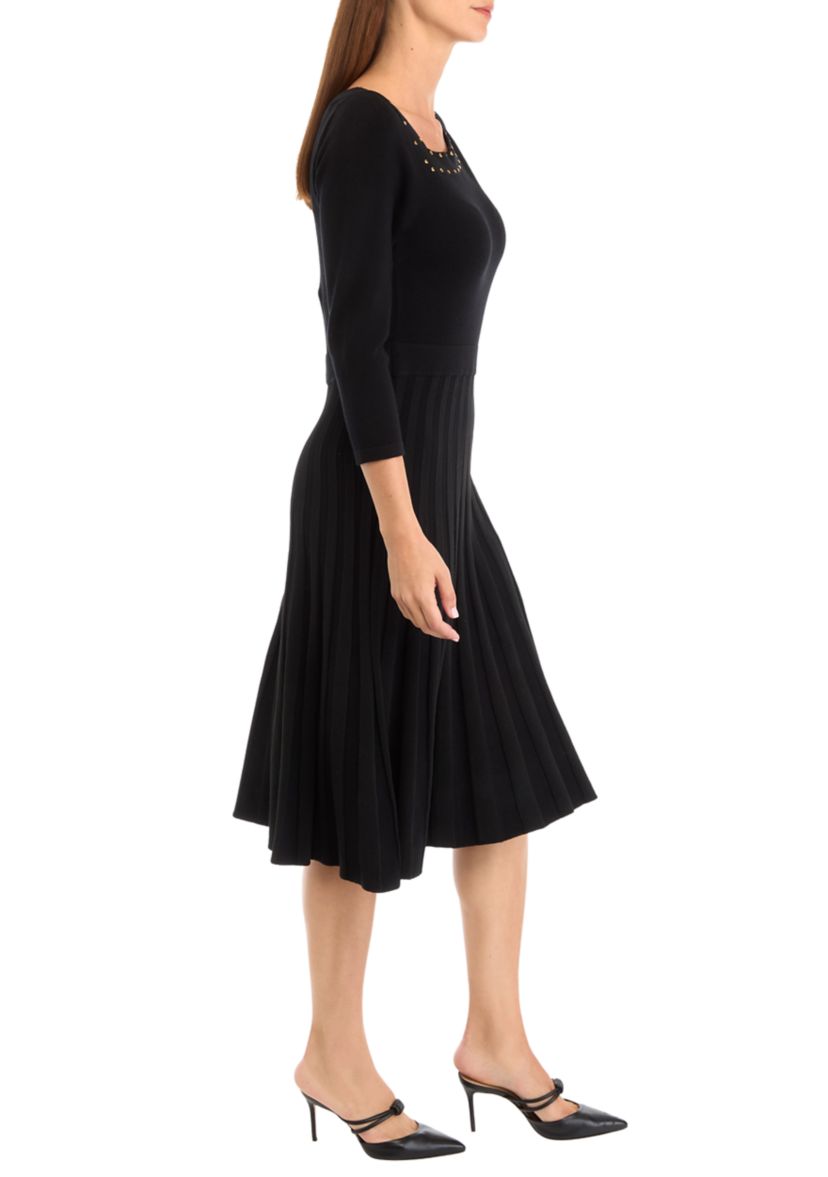 Womens Long Sleeve Asymmetrical Neckline Solid Fit and Flare Sweater Dress