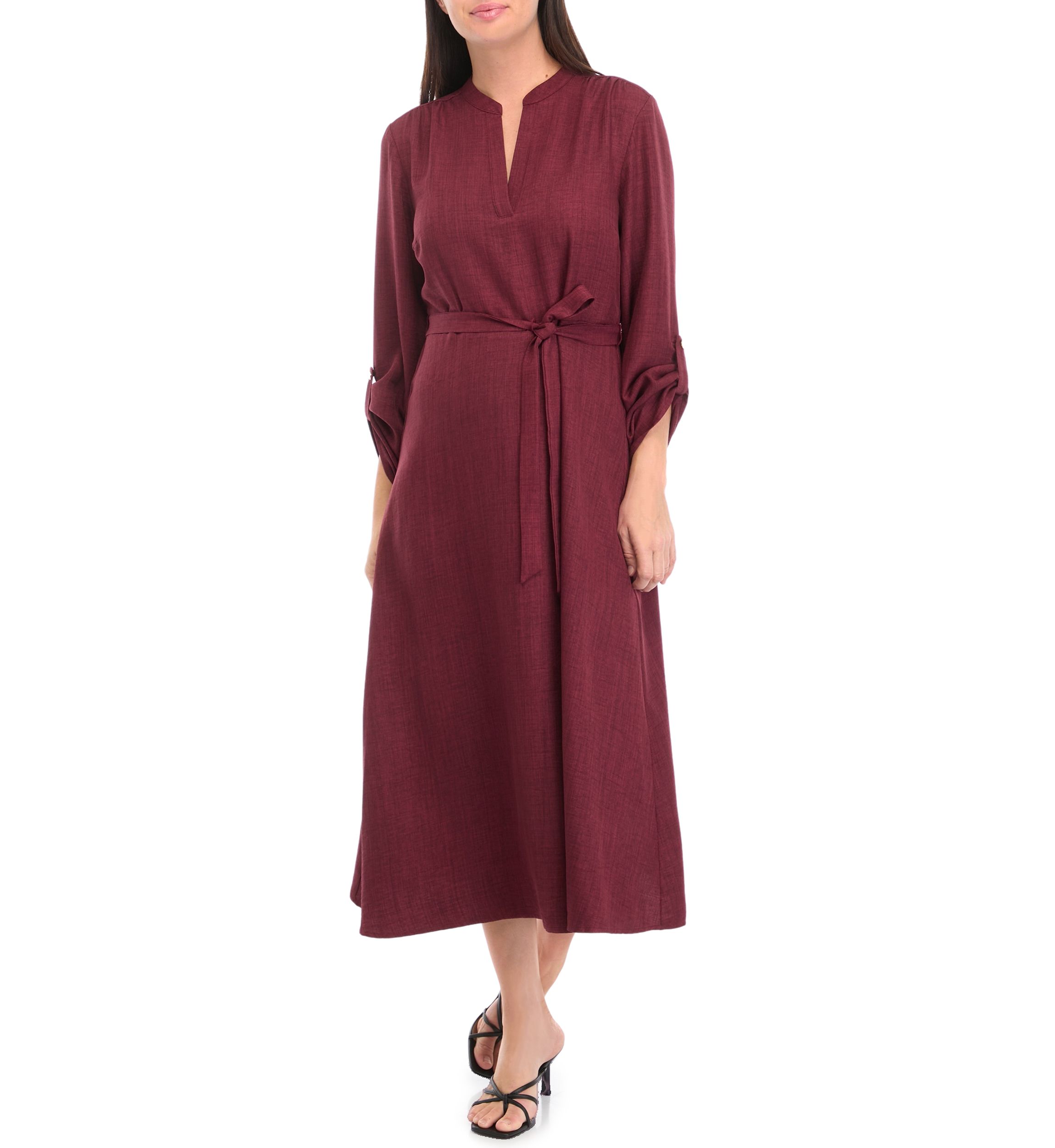 Womens 3/4 Sleeve Solid Tie Waist Fit and Flare Dress