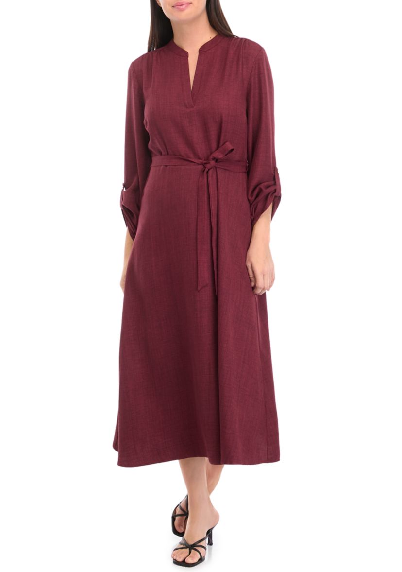 Womens 3/4 Sleeve Solid Tie Waist Fit and Flare Dress