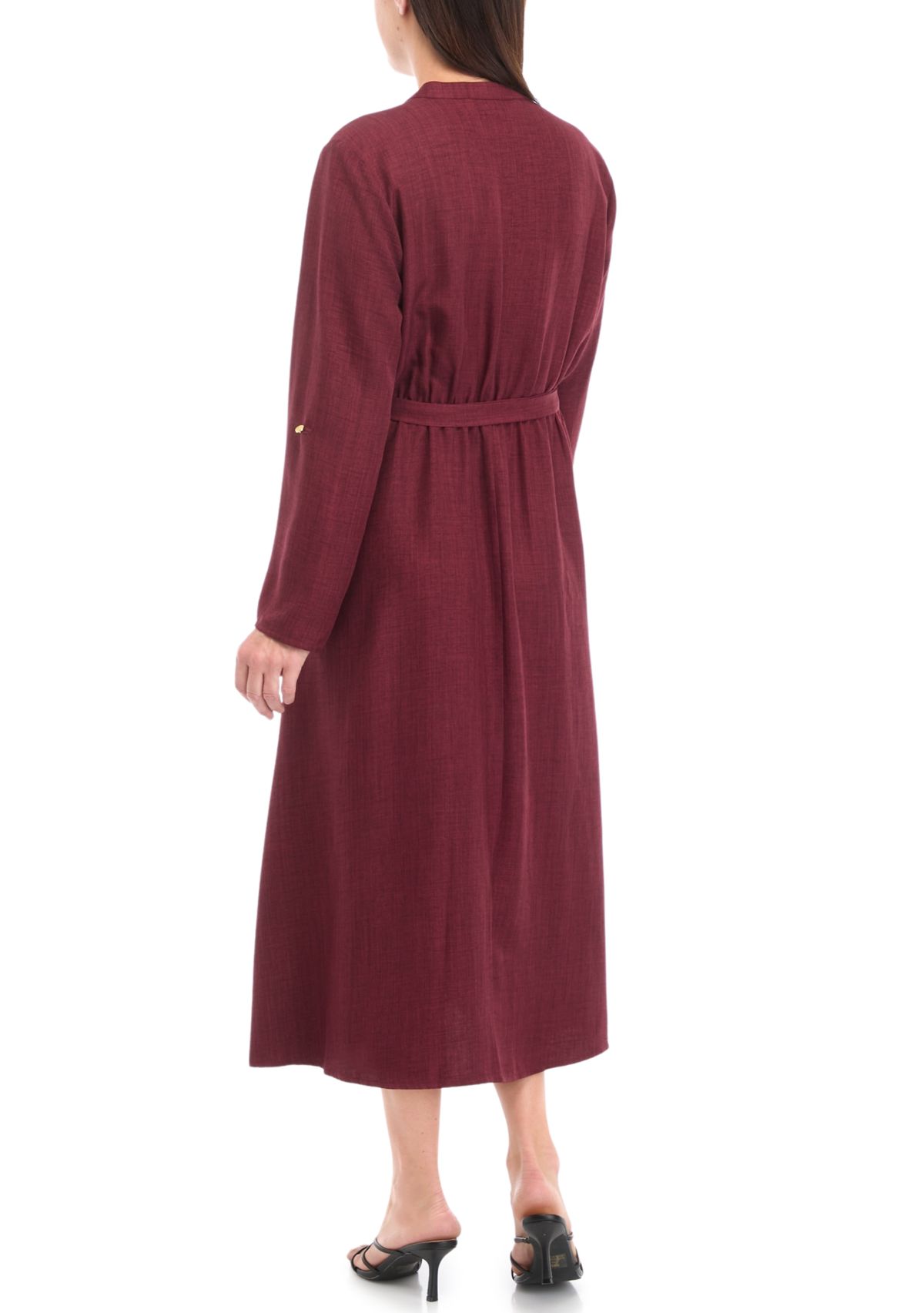 Womens 3/4 Sleeve Solid Tie Waist Fit and Flare Dress