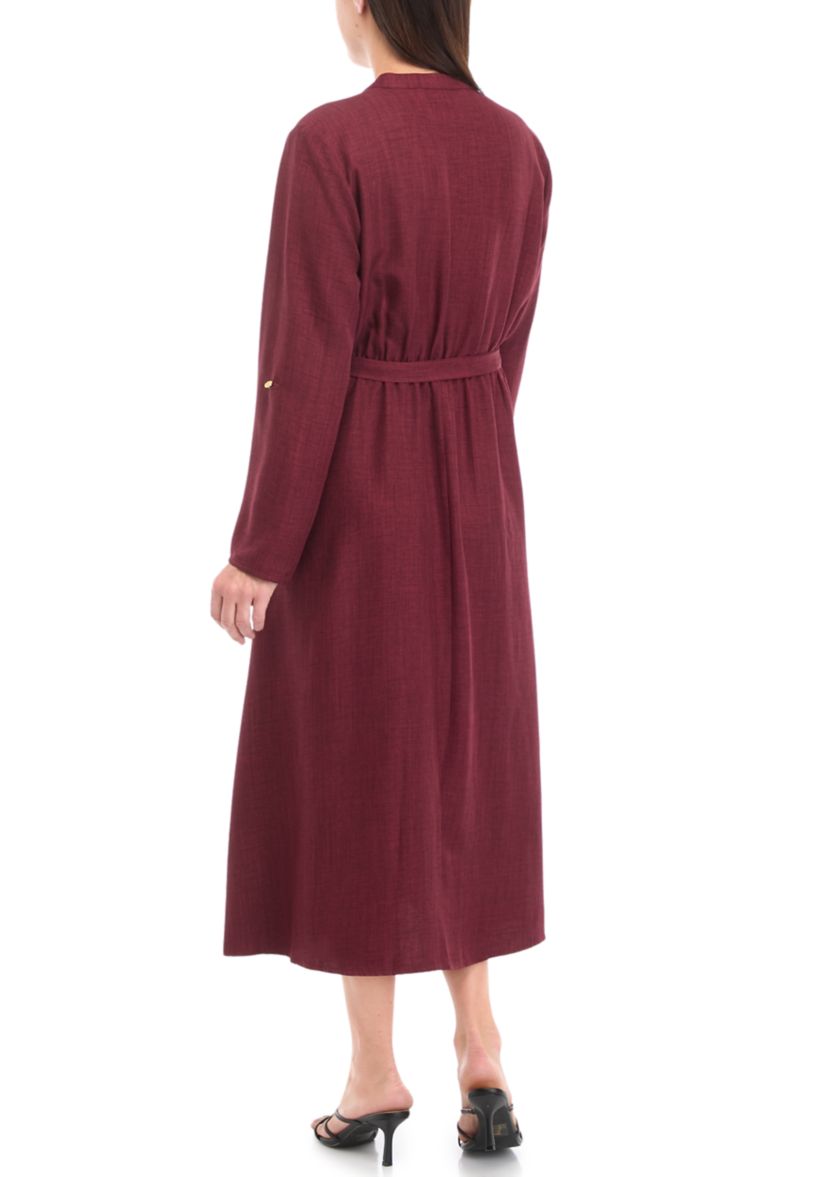 Womens 3/4 Sleeve Solid Tie Waist Fit and Flare Dress