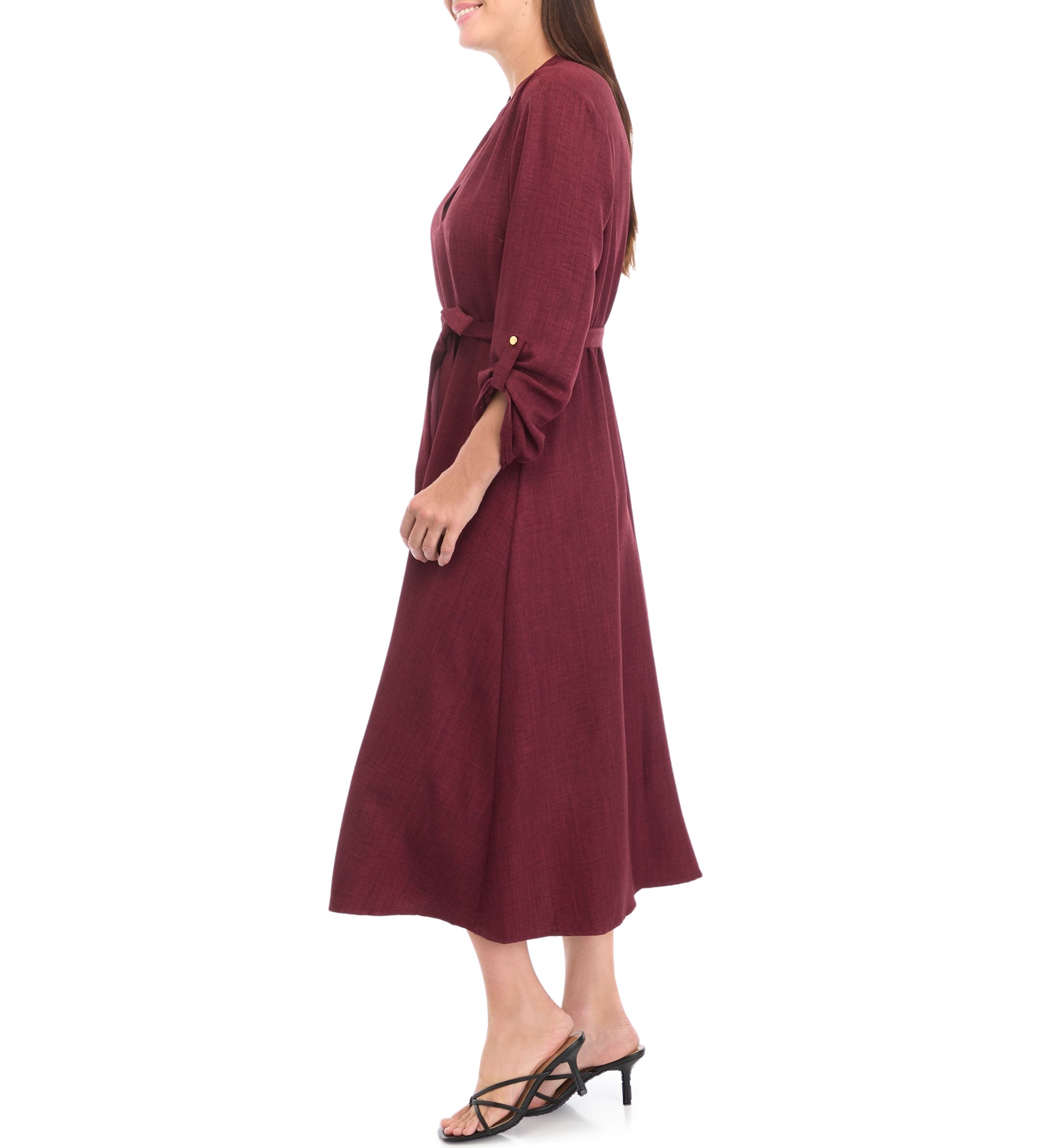 Womens 3/4 Sleeve Solid Tie Waist Fit and Flare Dress