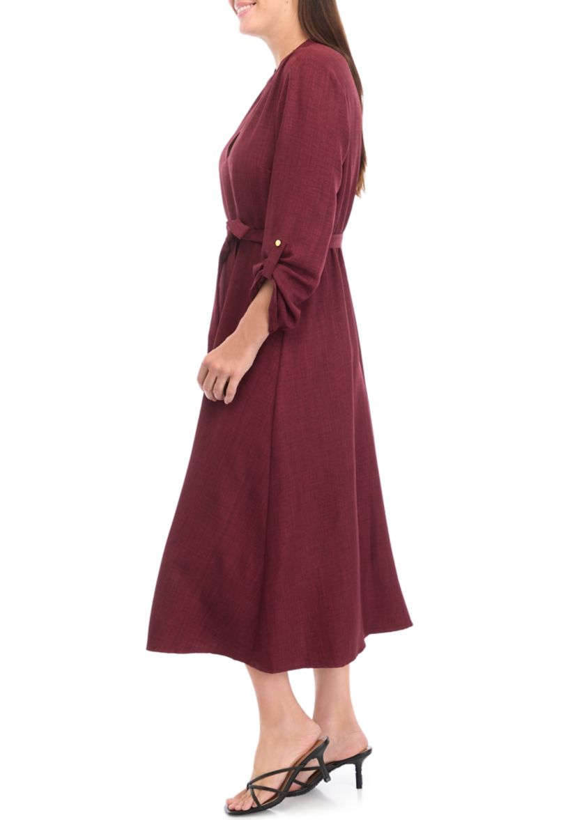 Womens 3/4 Sleeve Solid Tie Waist Fit and Flare Dress