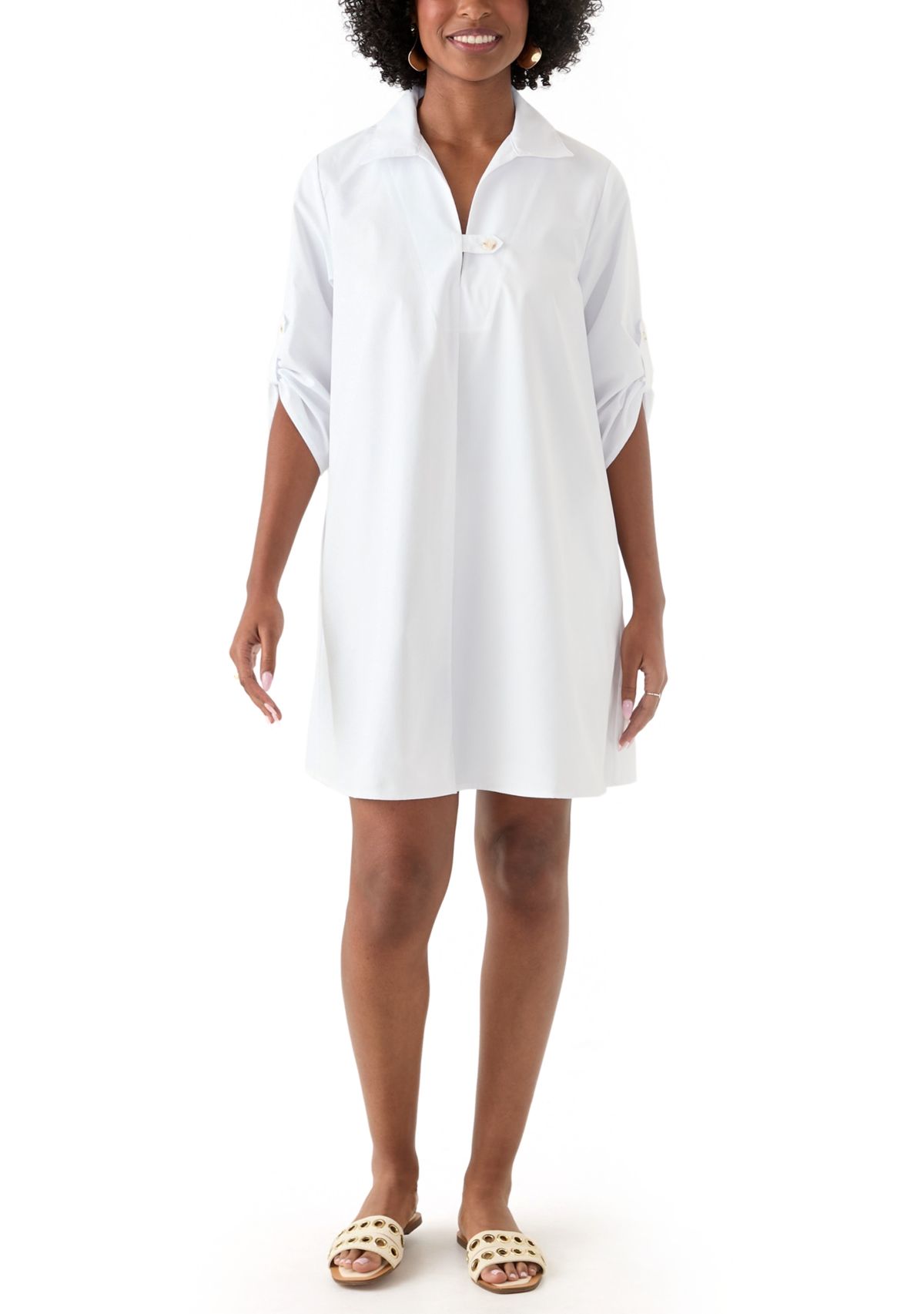 Womens 3/4 Sleeve Collar Neck Solid Cotton A-Line Mini Shirtdress