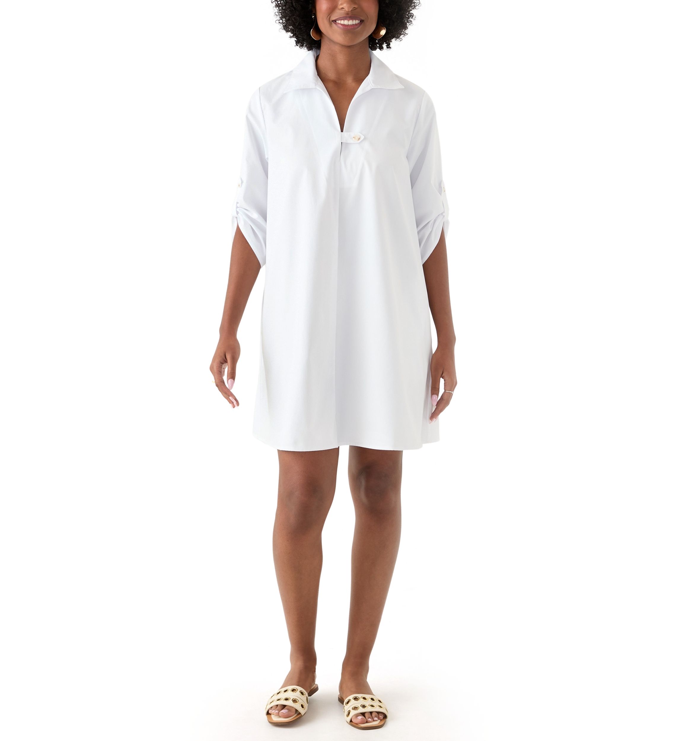 Womens 3/4 Sleeve Collar Neck Solid Cotton A-Line Mini Shirtdress