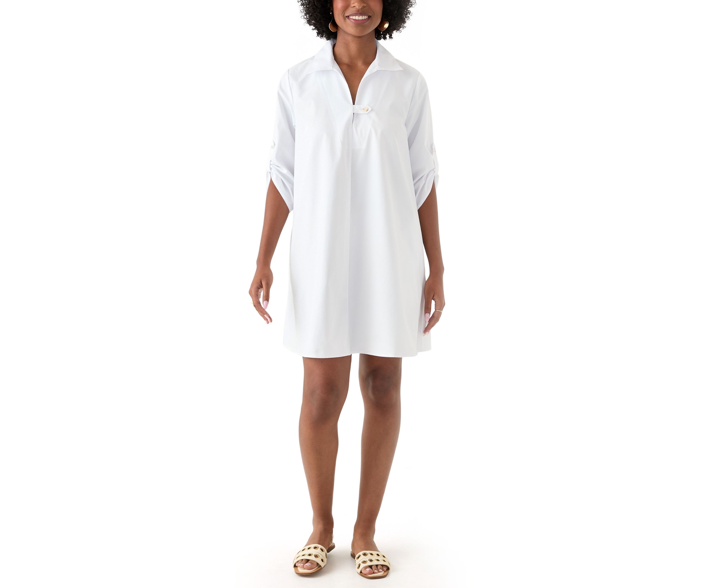 Womens 3/4 Sleeve Collar Neck Solid Cotton A-Line Mini Shirtdress