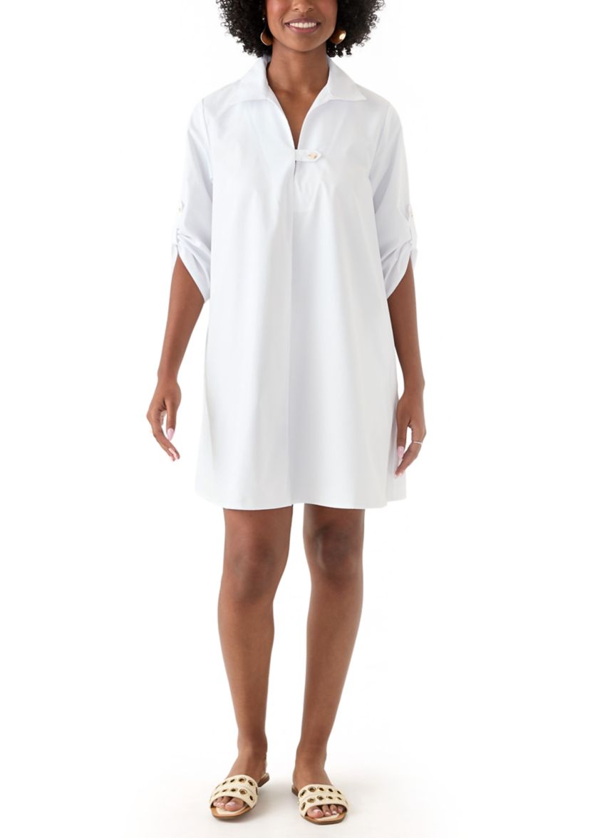 Womens 3/4 Sleeve Collar Neck Solid Cotton A-Line Mini Shirtdress