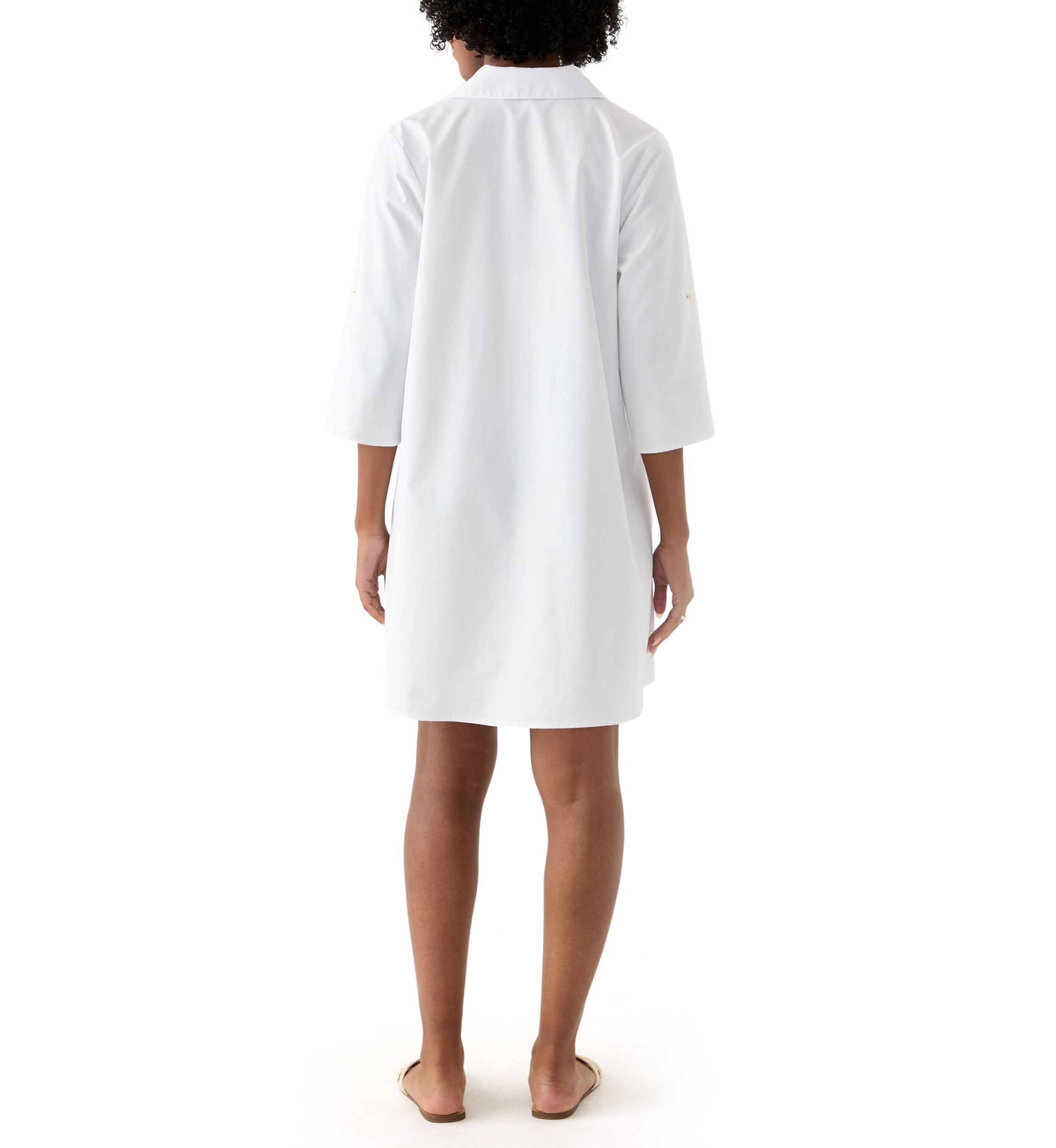 Womens 3/4 Sleeve Collar Neck Solid Cotton A-Line Mini Shirtdress
