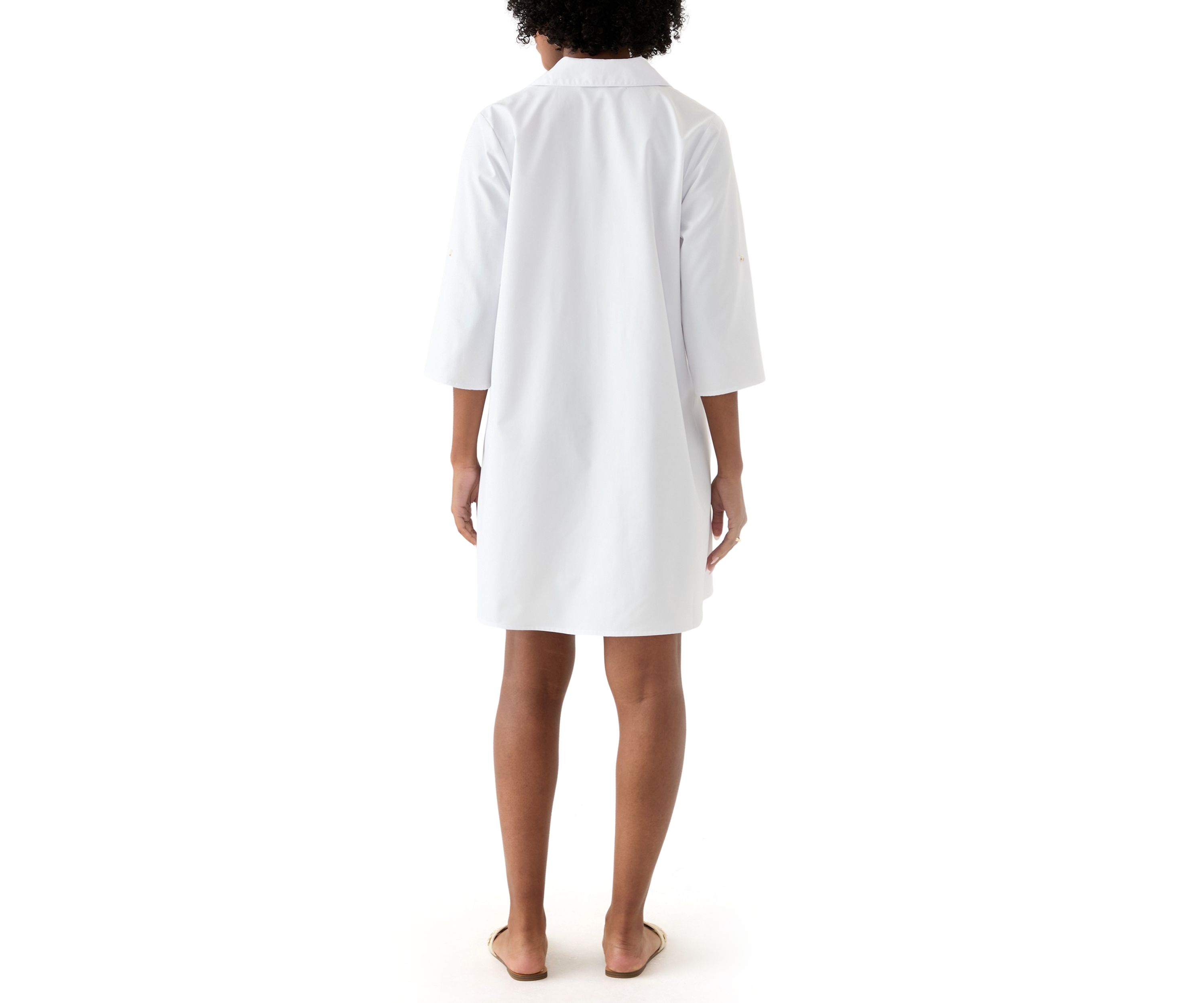 Womens 3/4 Sleeve Collar Neck Solid Cotton A-Line Mini Shirtdress