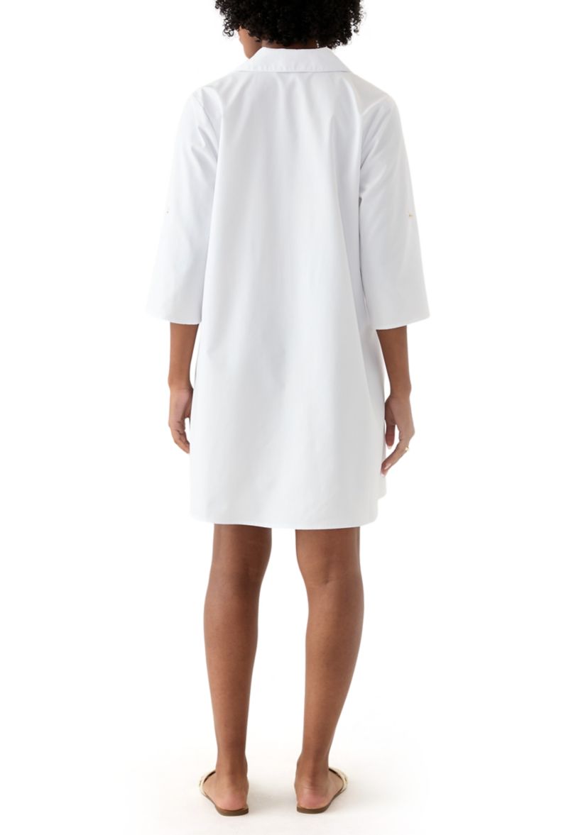Womens 3/4 Sleeve Collar Neck Solid Cotton A-Line Mini Shirtdress