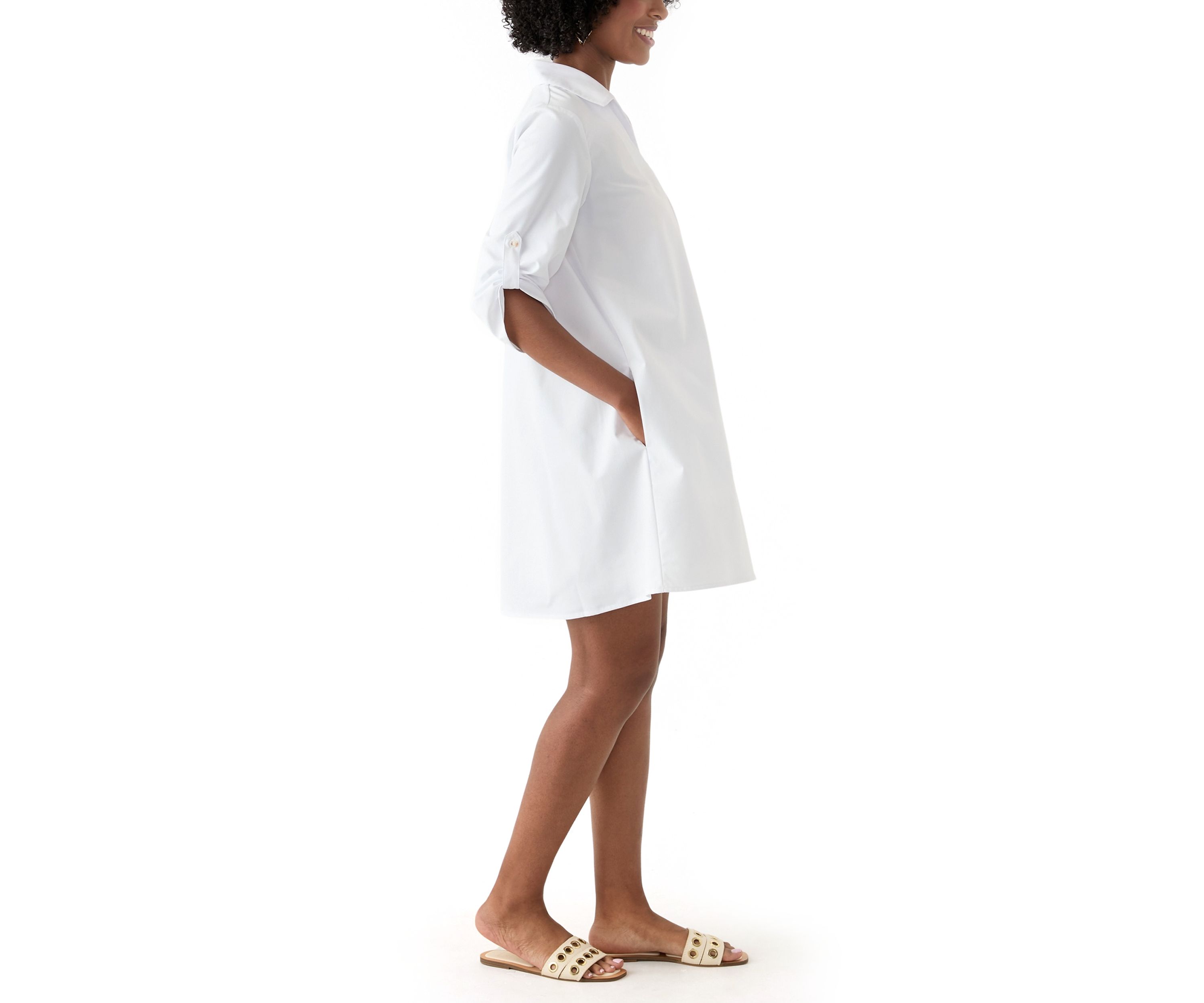 Womens 3/4 Sleeve Collar Neck Solid Cotton A-Line Mini Shirtdress