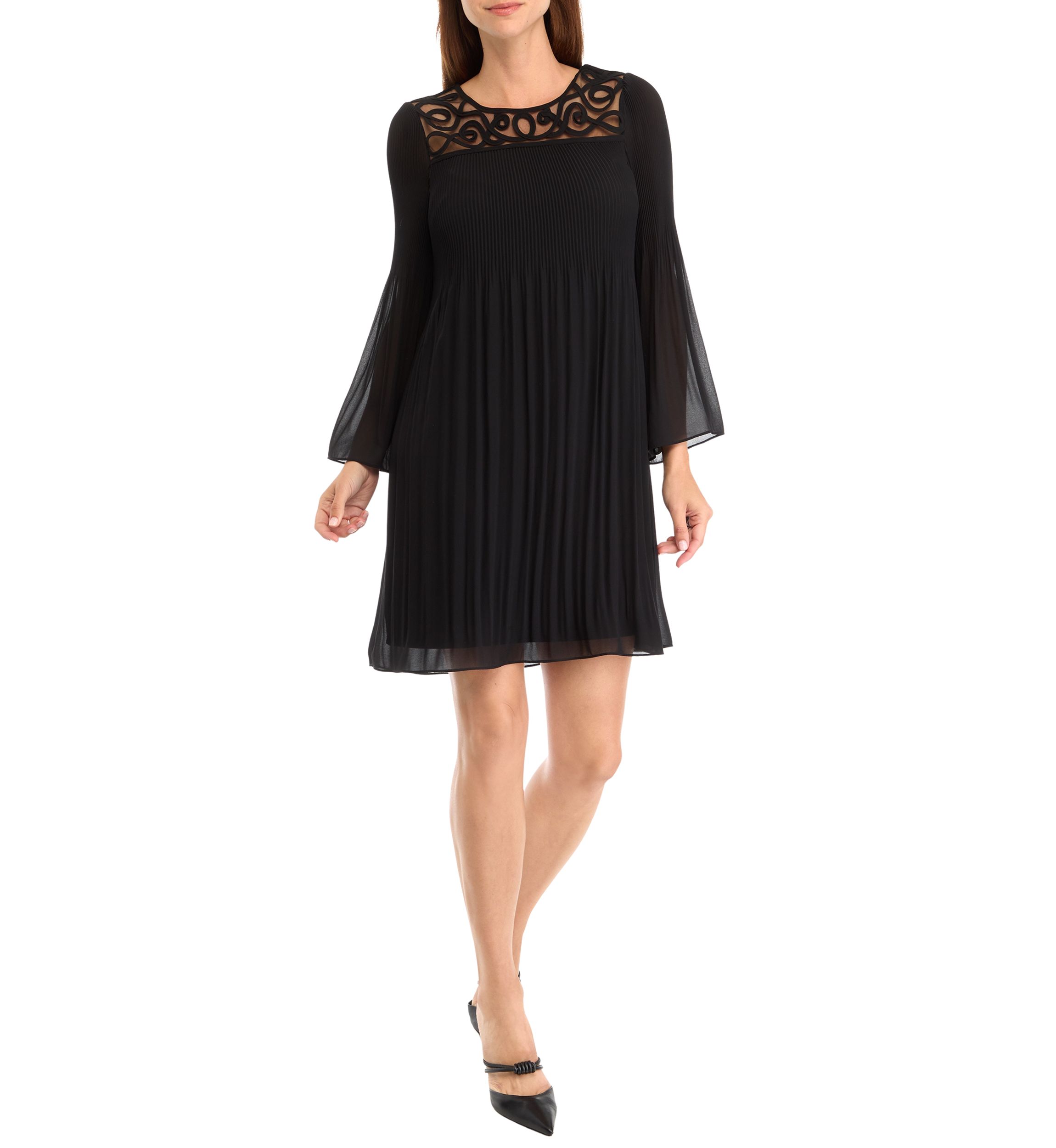 Womens Bell Sleeve Mesh Solid A-Line Dress