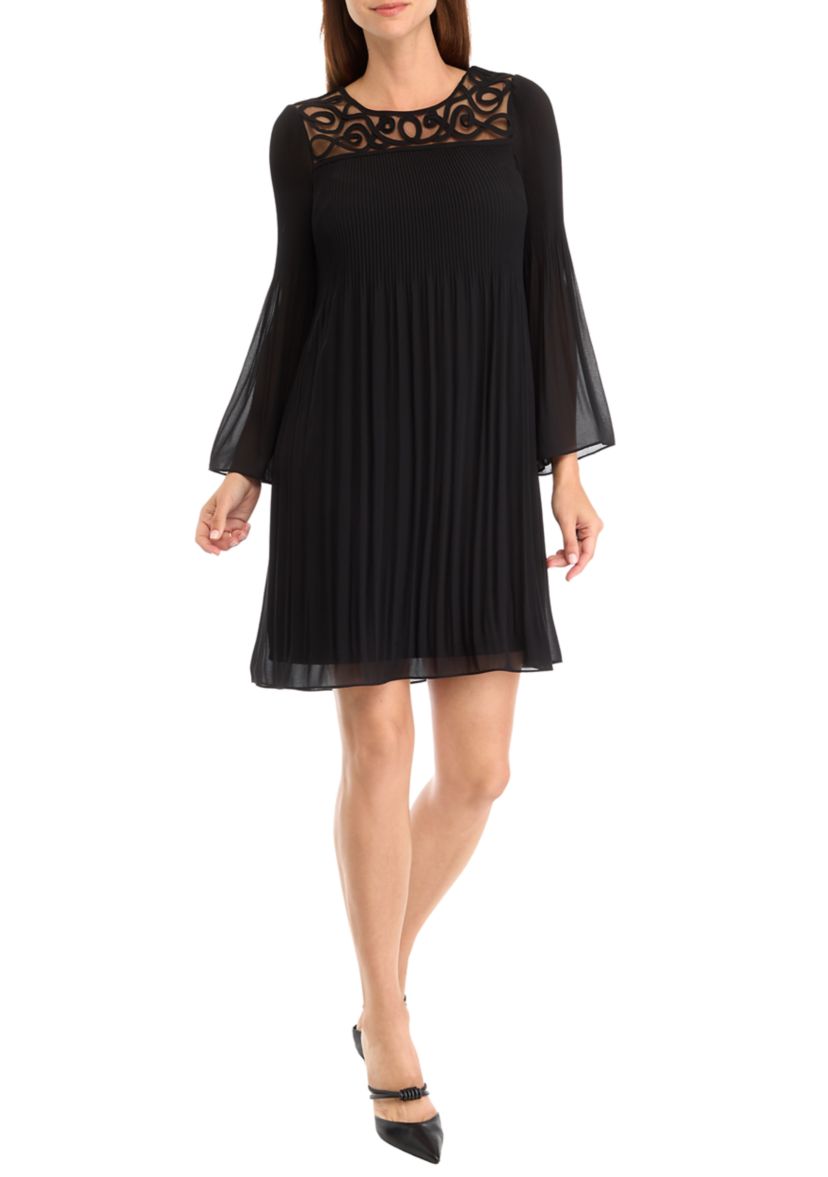 Womens Bell Sleeve Mesh Solid A-Line Dress
