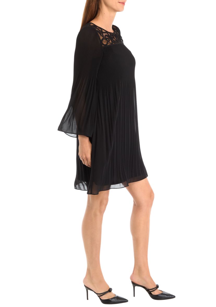 Womens Bell Sleeve Mesh Solid A-Line Dress