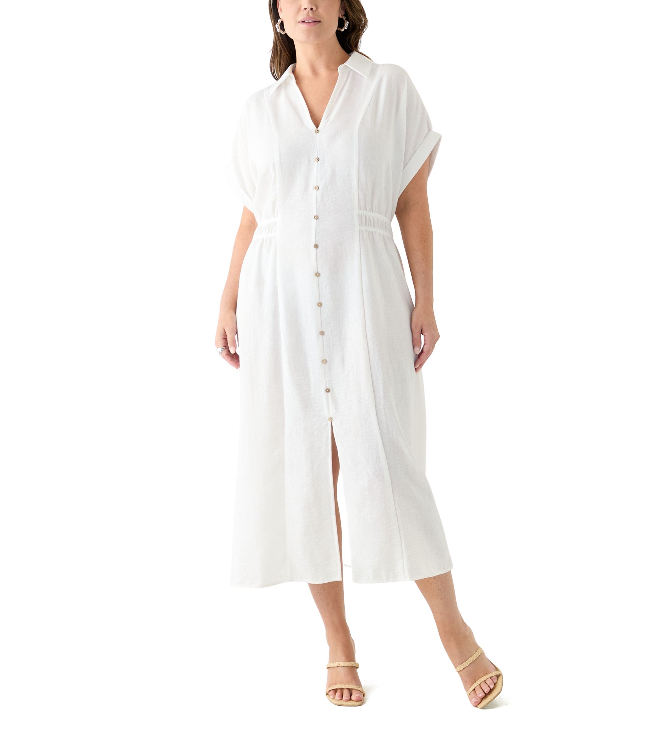 Emma & Michelle Women's Plus Size Short Sleeve Collar Fit and Flare Dress, White, 1XL