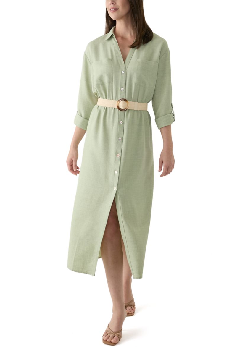 Womens Solid Belted Fit and Flare Linen Maxi Dress