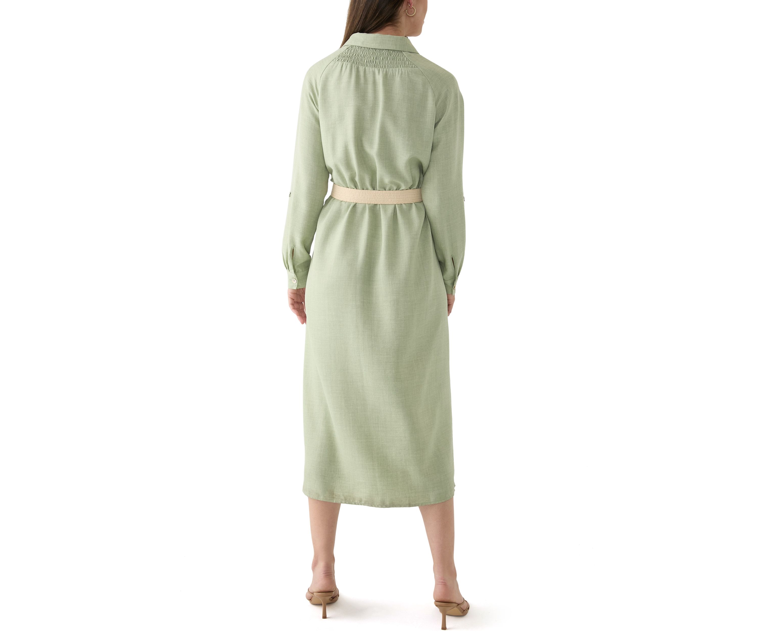 Womens Solid Belted Fit and Flare Linen Maxi Dress