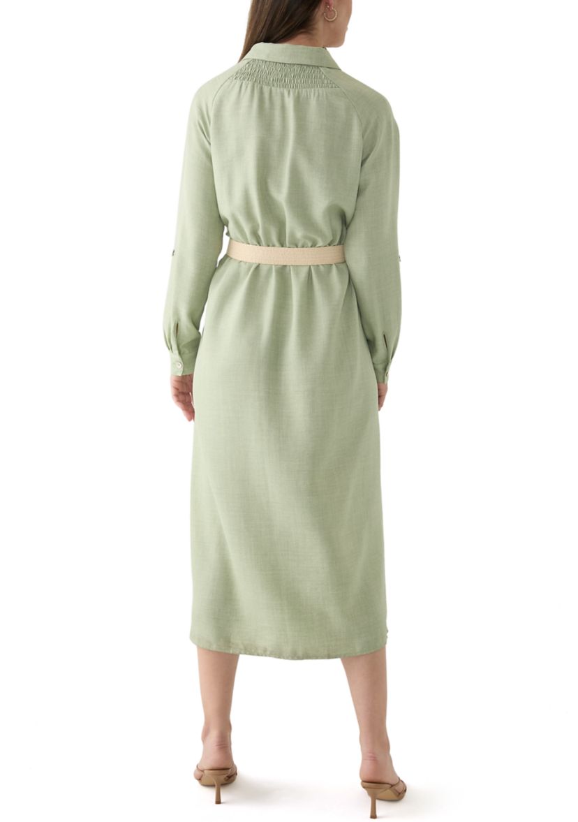 Womens Solid Belted Fit and Flare Linen Maxi Dress