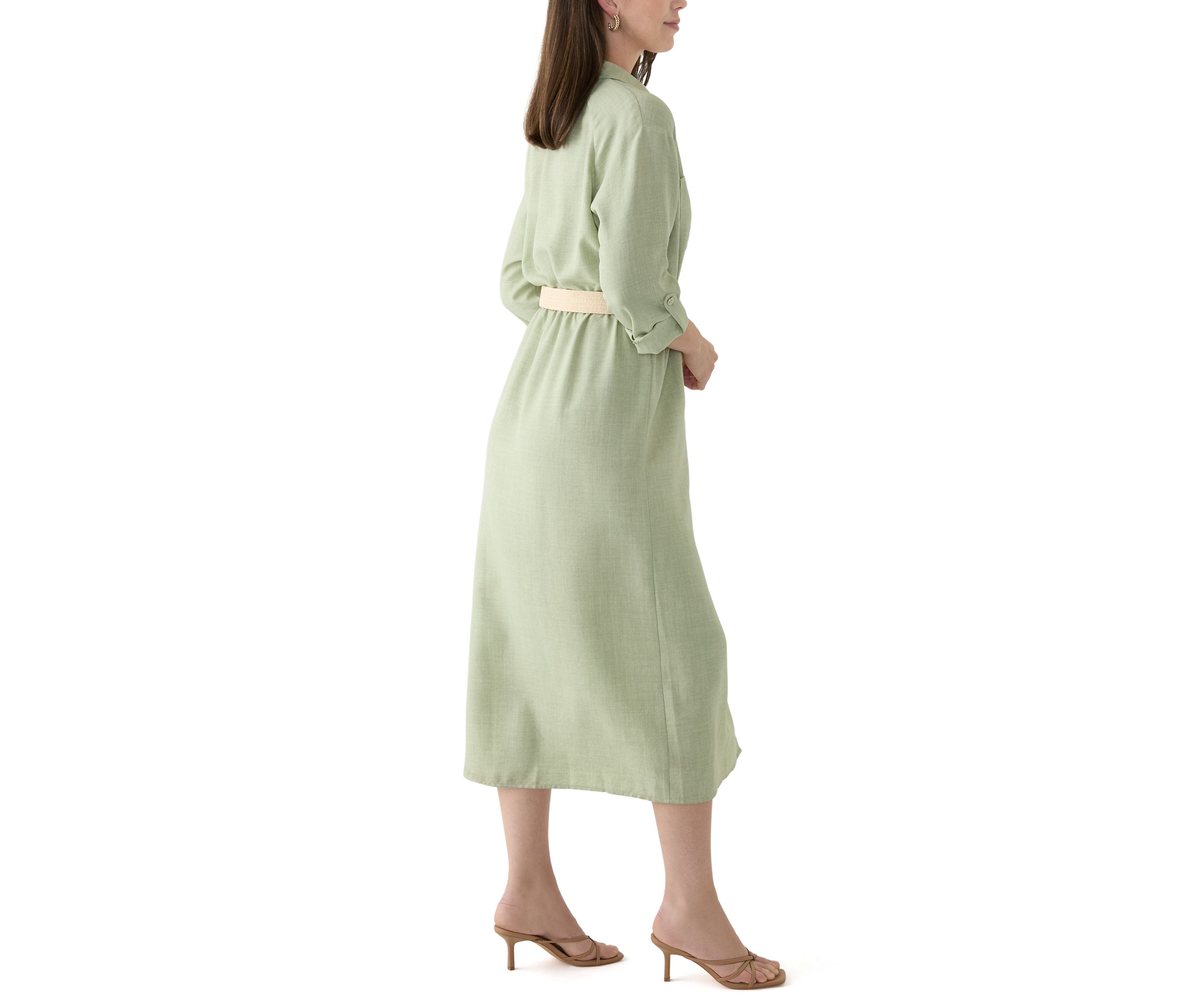 Womens Solid Belted Fit and Flare Linen Maxi Dress