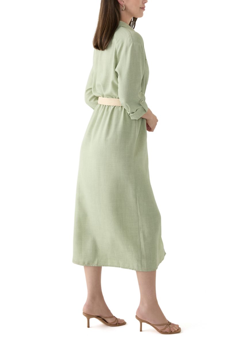 Womens Solid Belted Fit and Flare Linen Maxi Dress