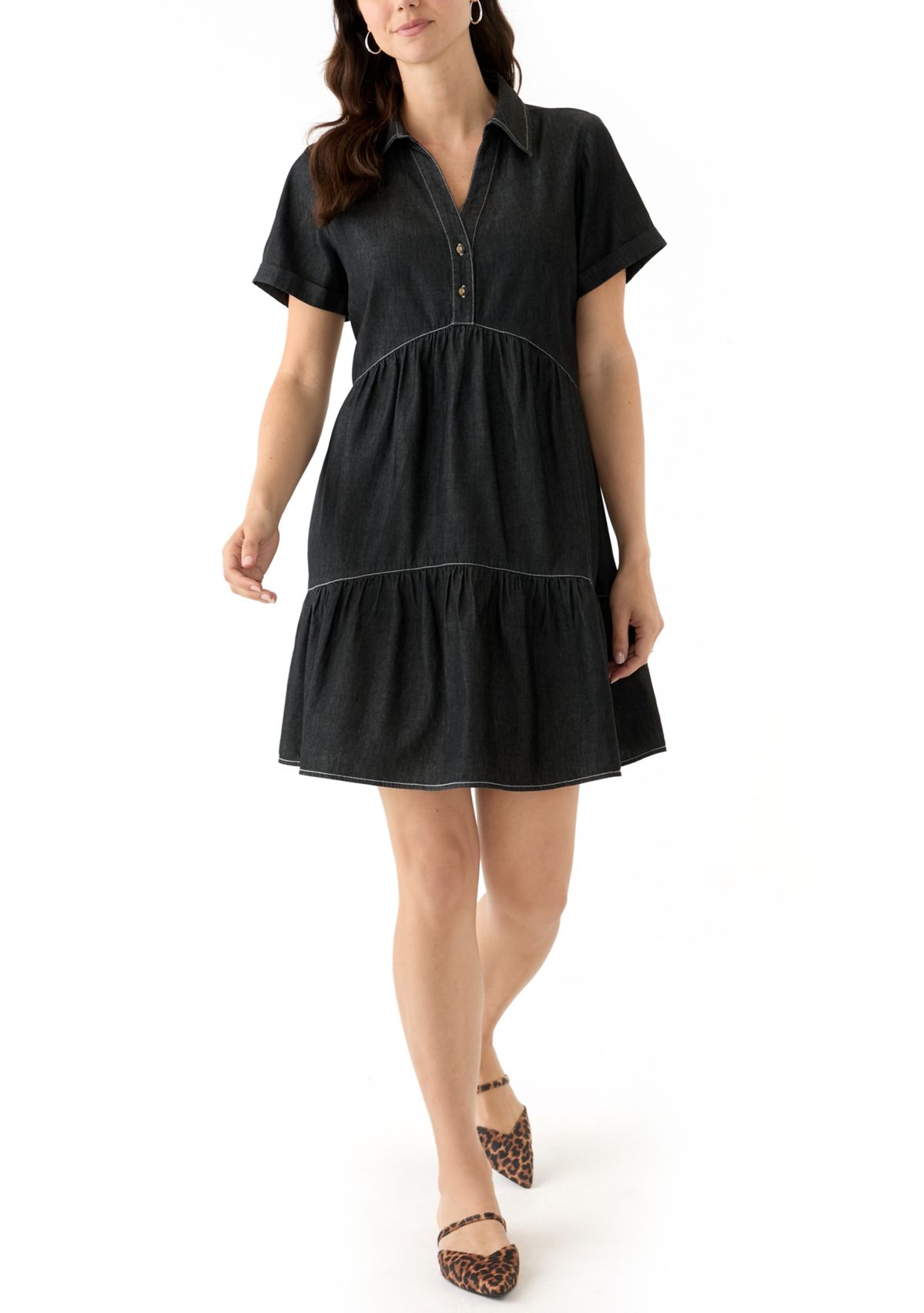Womens Short Sleeve Collar Denim Mini Dress
