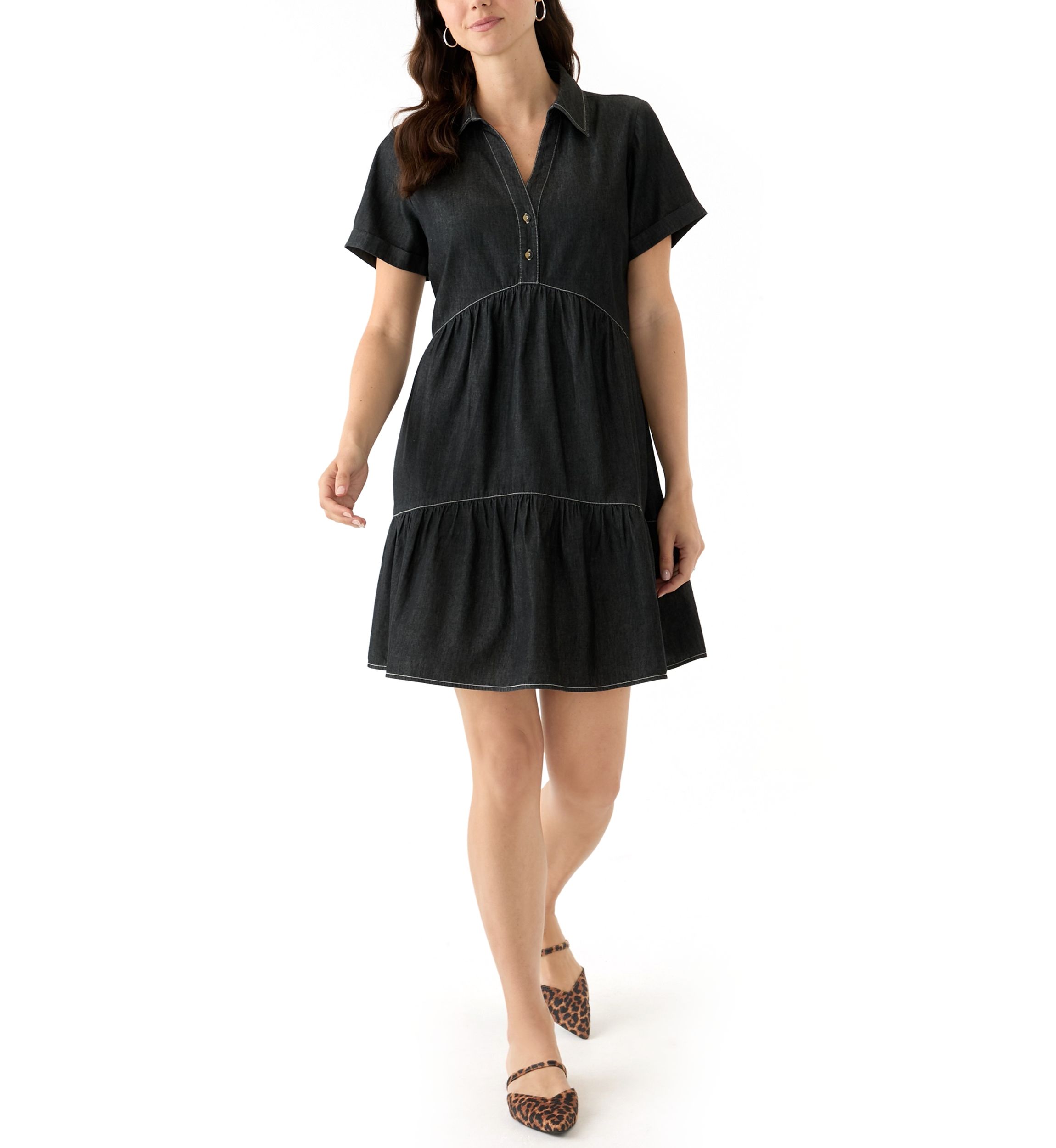 Womens Short Sleeve Collar Denim Mini Dress