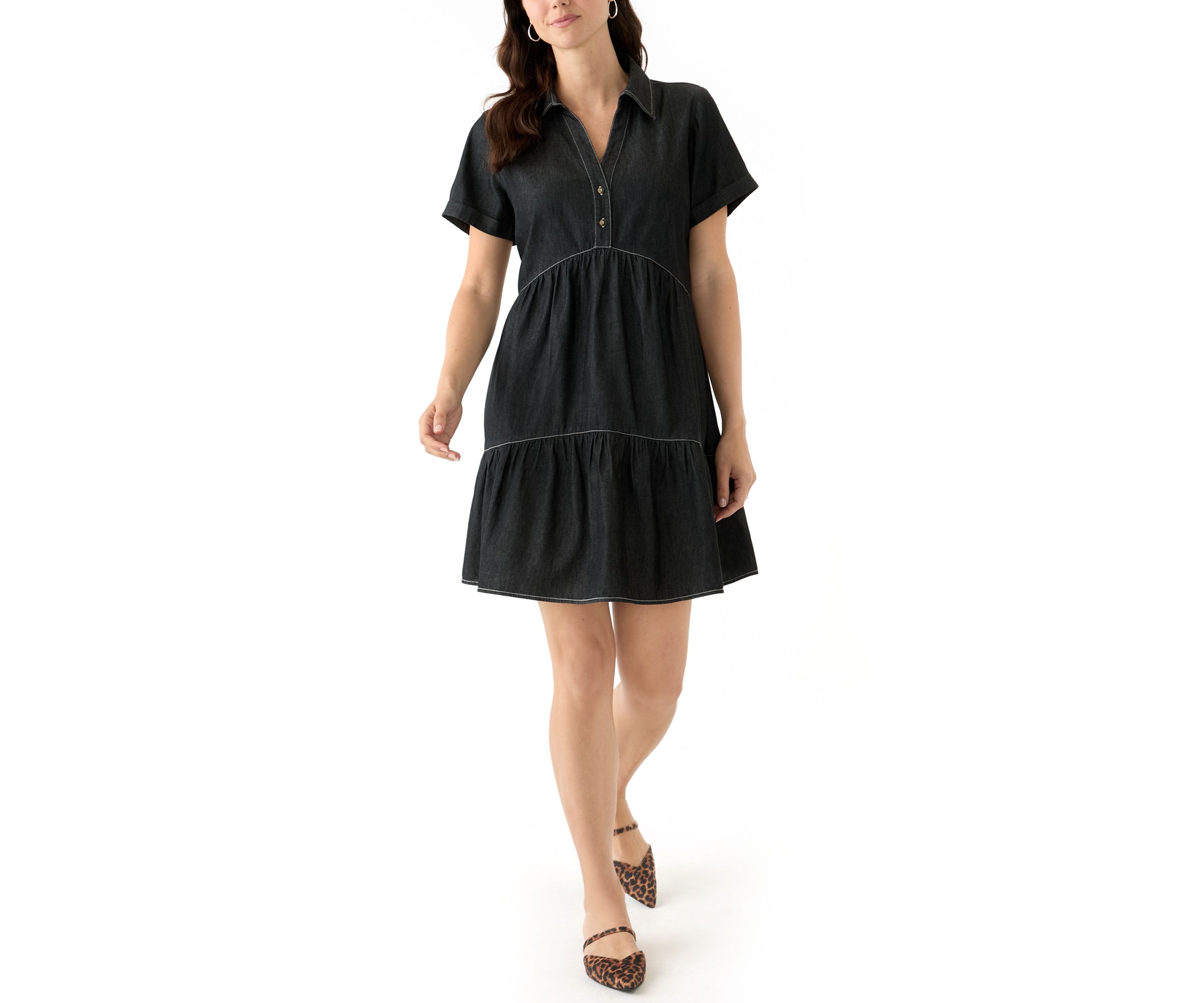 Womens Short Sleeve Collar Denim Mini Dress