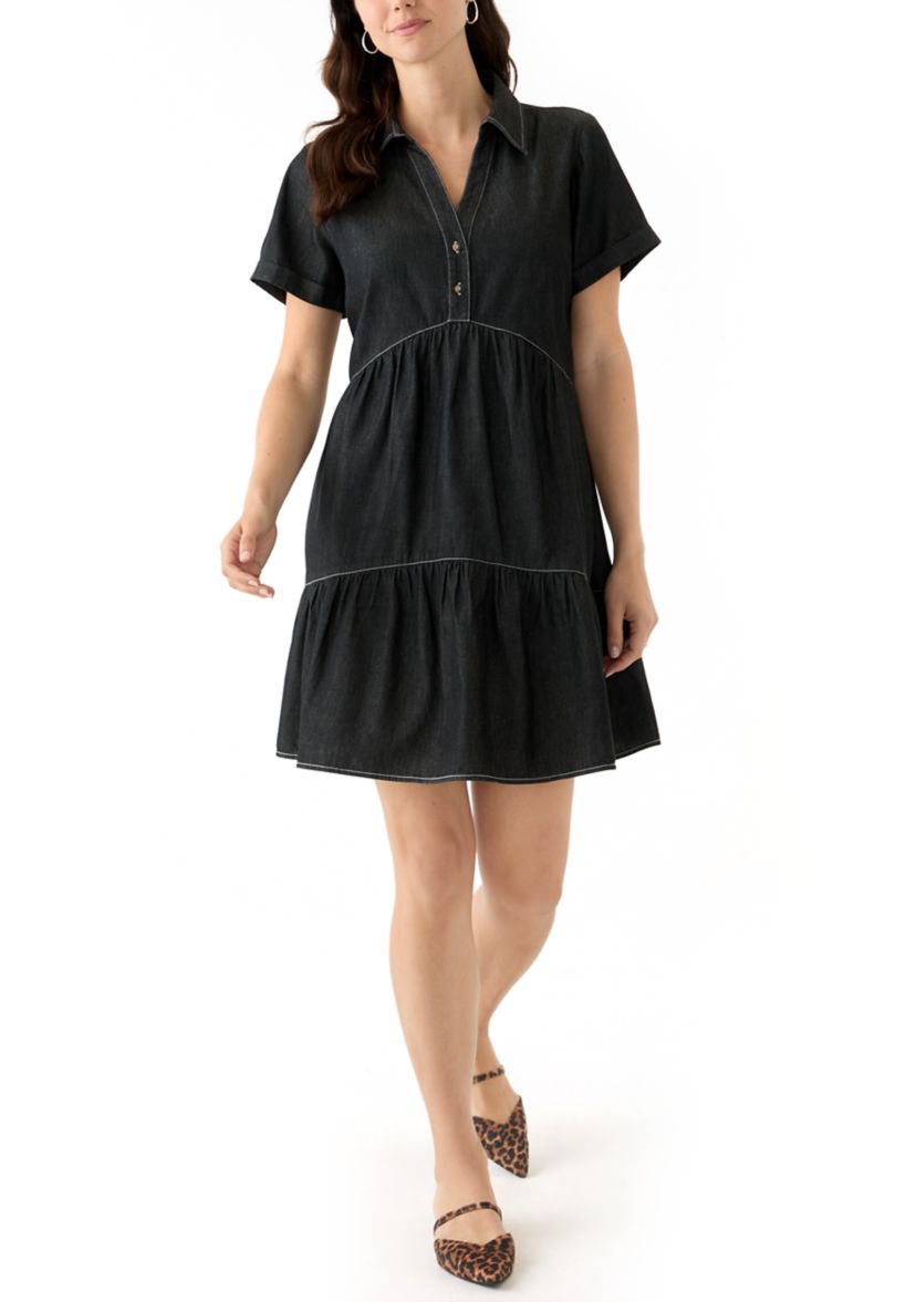 Womens Short Sleeve Collar Denim Mini Dress