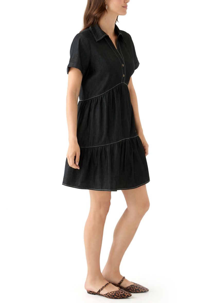 Womens Short Sleeve Collar Denim Mini Dress