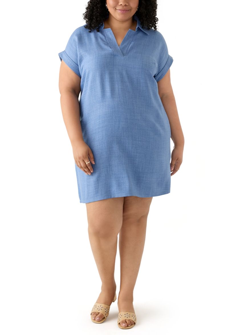 Plus Size Dolman Sleeve Collared Shirt Dress 