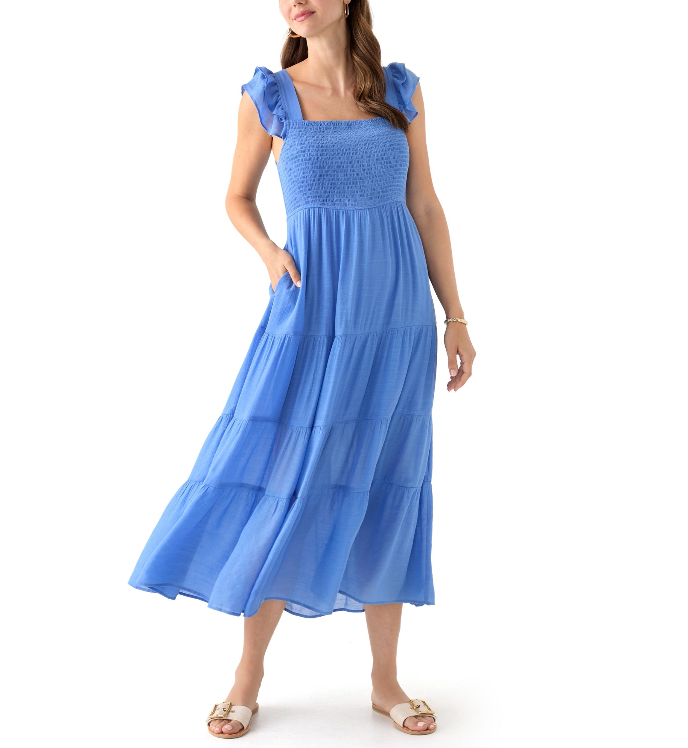 Womens Flutter Sleeve Square Neck Smocked Midi Dress