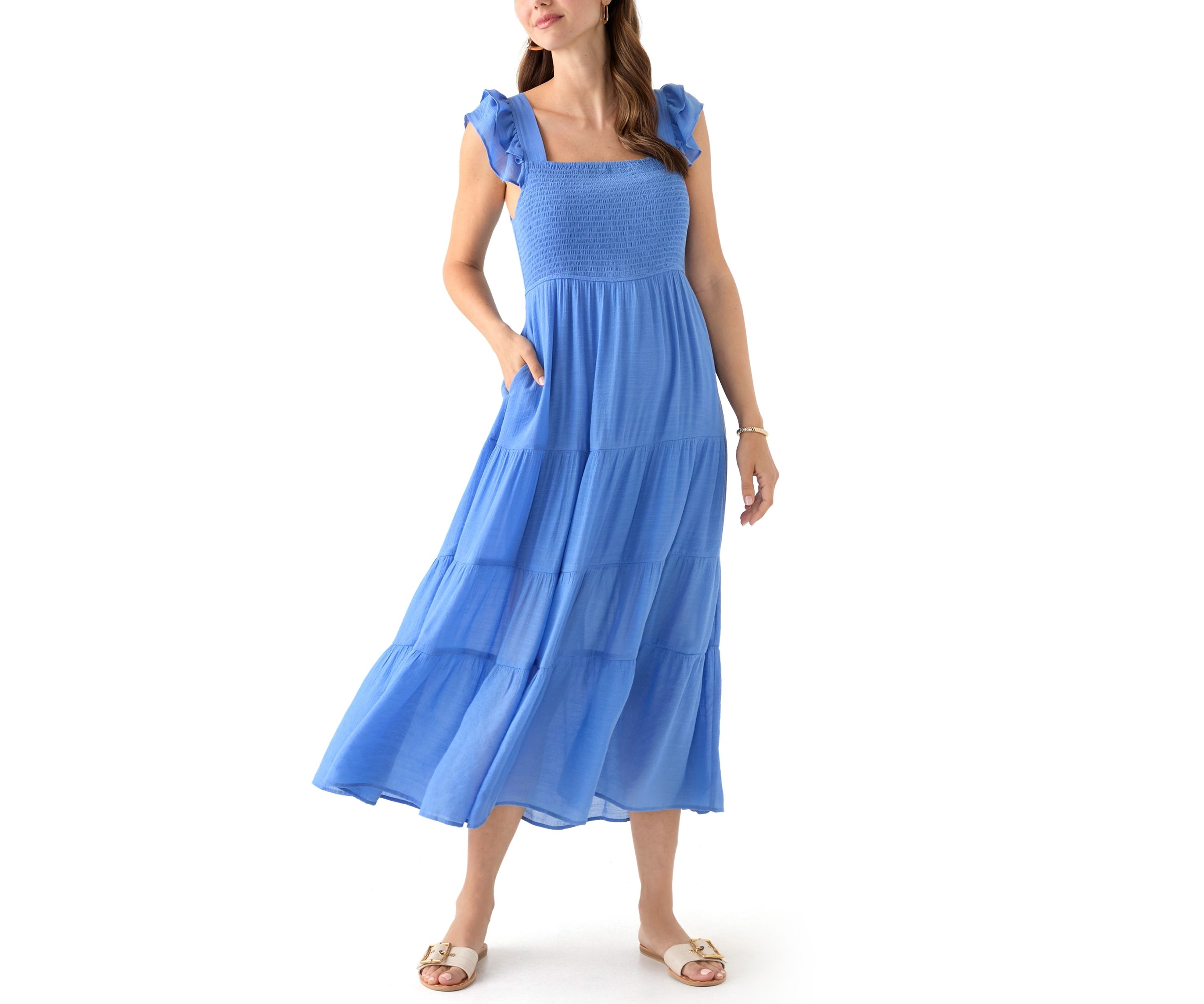 Womens Flutter Sleeve Square Neck Smocked Midi Dress