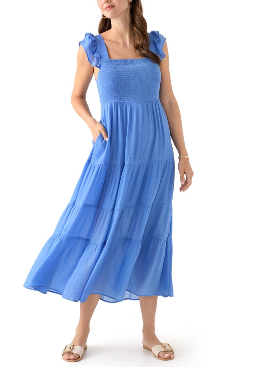 Womens Flutter Sleeve Square Neck Smocked Midi Dress
