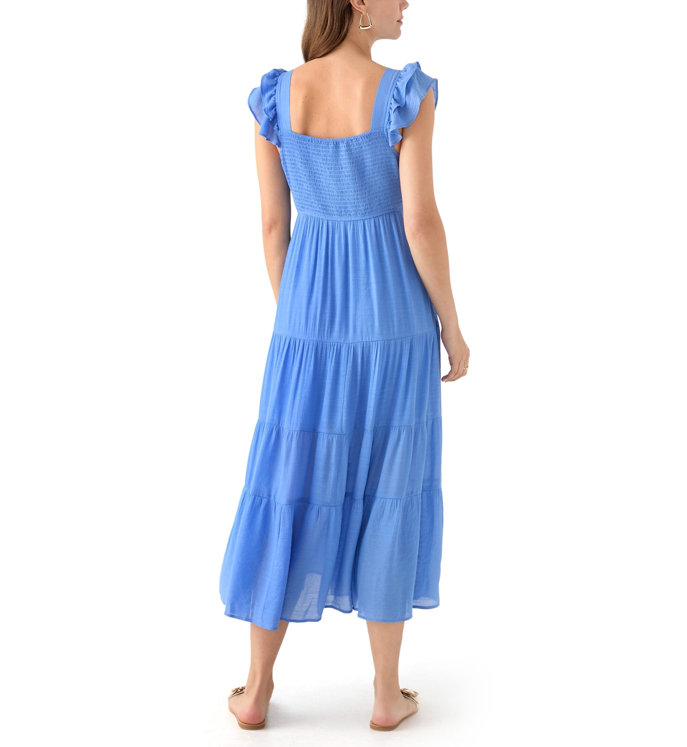 Womens Flutter Sleeve Square Neck Smocked Midi Dress